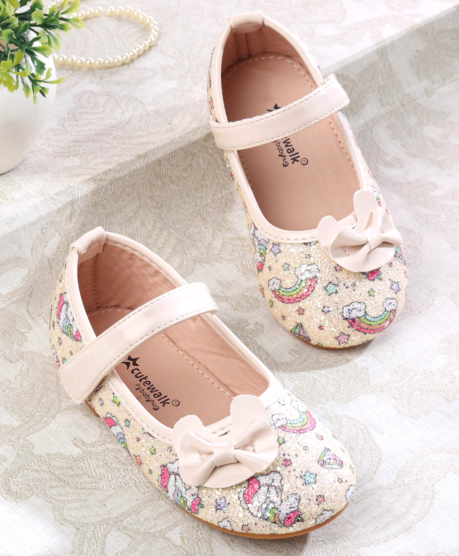 Cute Walk by Babyhug Velcro Closure Ballerinas with Glitter Unicorn Print & Bow Applique - Beige-image-31
