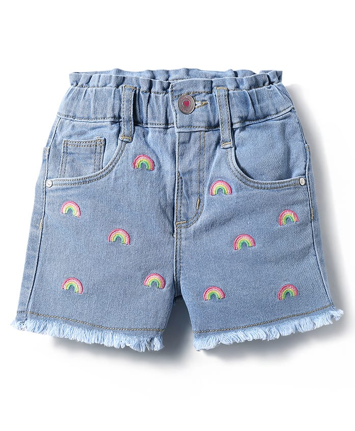 Babyhug Mid Thigh Denim Shorts With Stretch & Rainbow Embroidery - Light Blue-picture-23