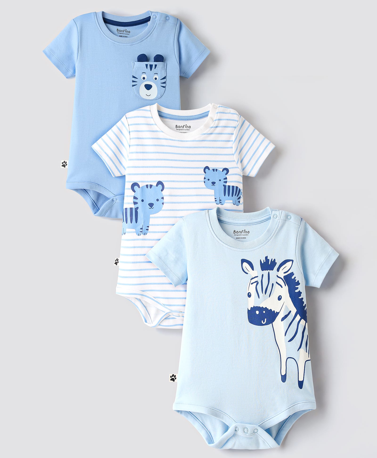 Bonfino 100% Cotton Half Sleeves Onesies With Animal Print Pack Of 3 - Light Blue White & Blue-picture-11
