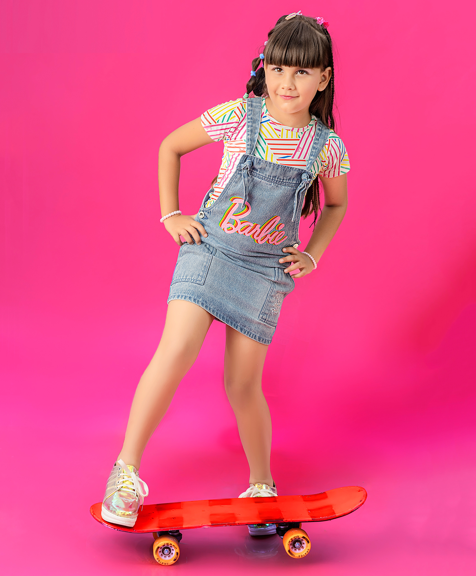 Barbie by Tiny Girl Denim Brand Name Printed Dungaree With Half Sleeves Top - Light Blue-picture-19