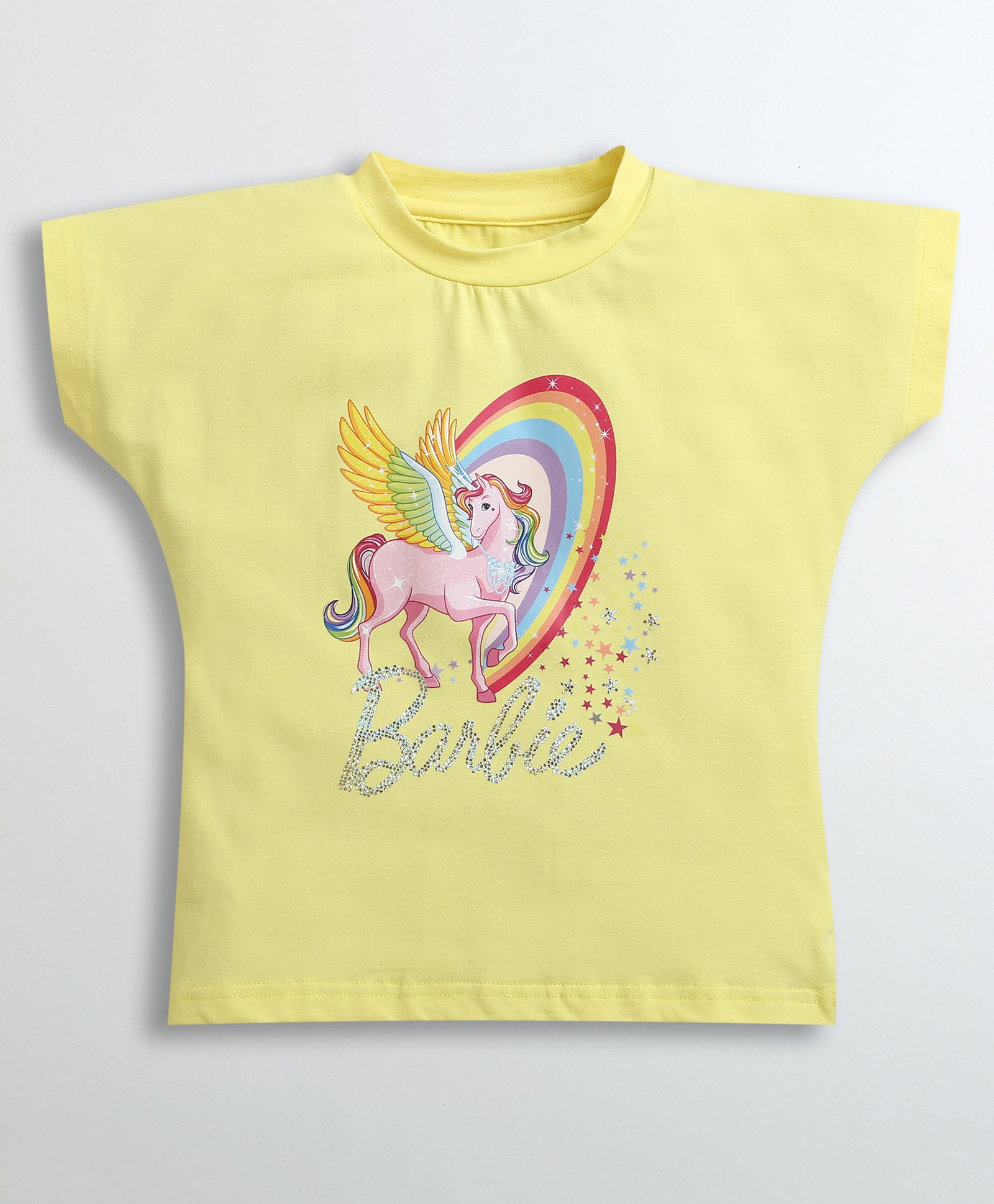 Barbie by Tiny Girl Unicorn Printed & Brand Name Text Shaped Stones Embellished Top - Yellow-picture-1