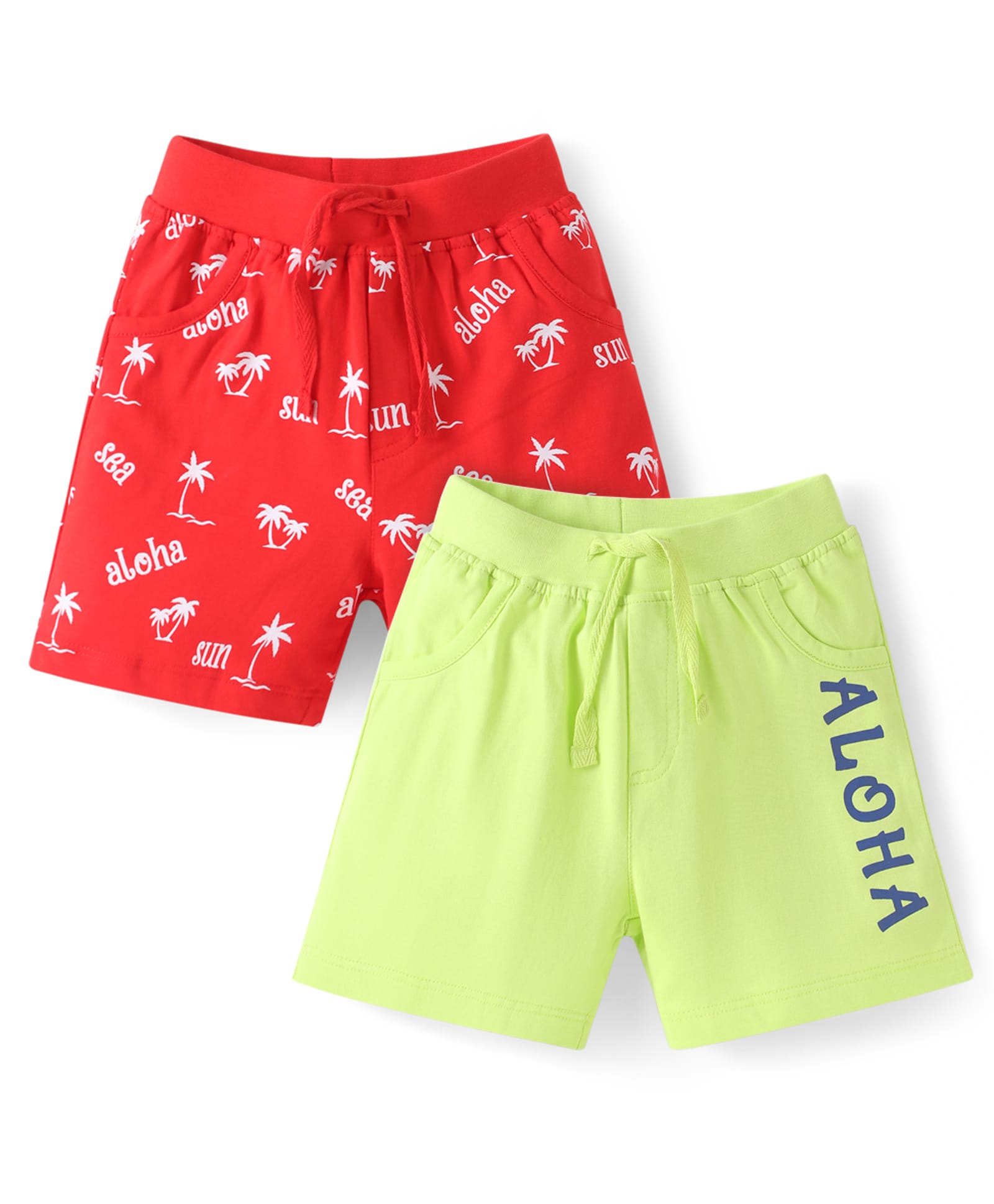 Doodle Poodle 100% Cotton Knit Knee Length Shorts With Aloha Text Print Pack Of 2 - Red & Limegreen-picture-27