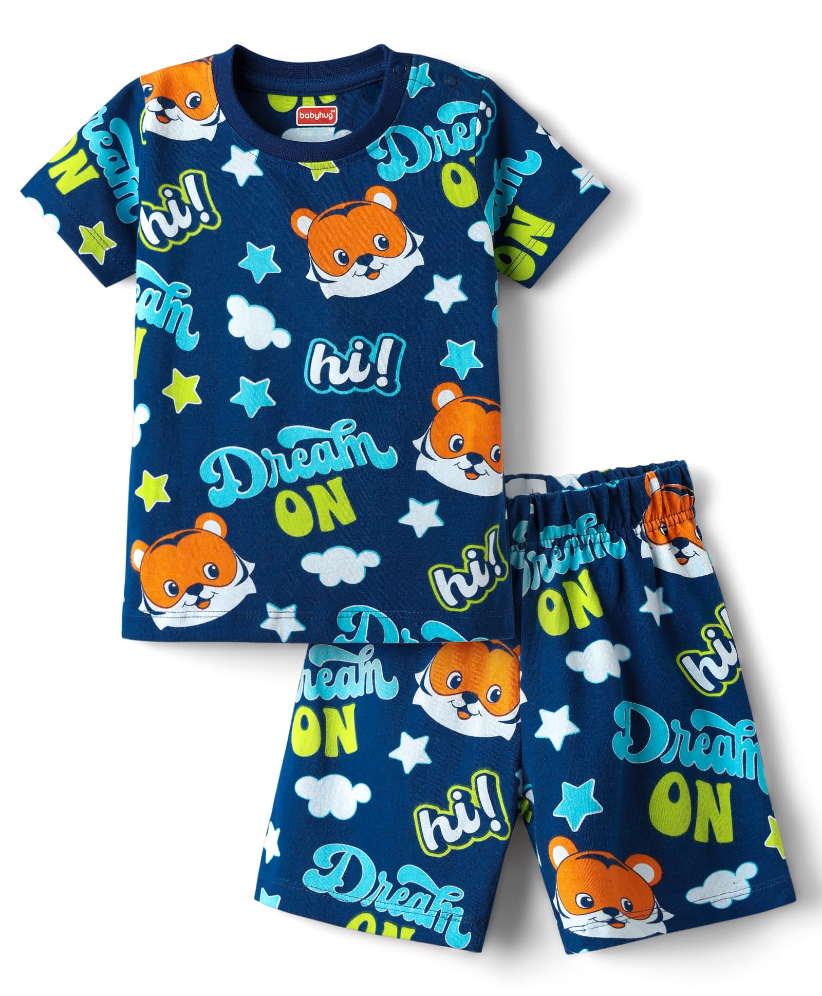 Babyhug Cotton Knit Half Sleeves Co-ords Shorts Night Suit with Cub Print - Navy Blue