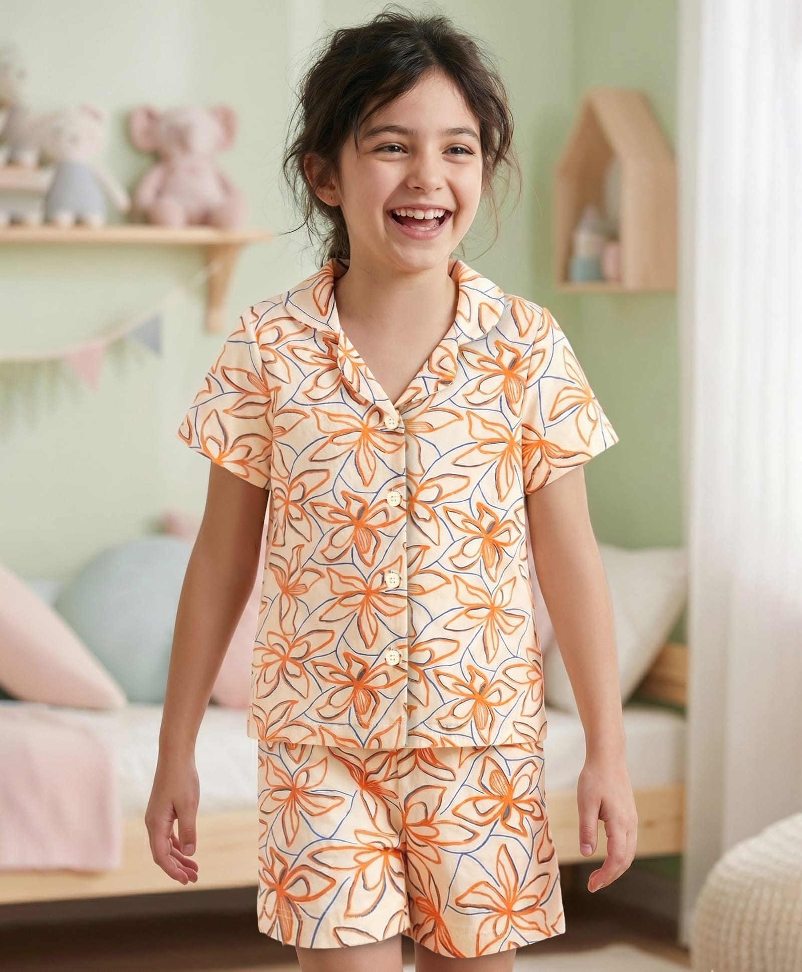 Pine Kids Single Jersey Knit Half Sleeves Co-ords Shorts Night Suit with Floral Print - Cream-picture-17