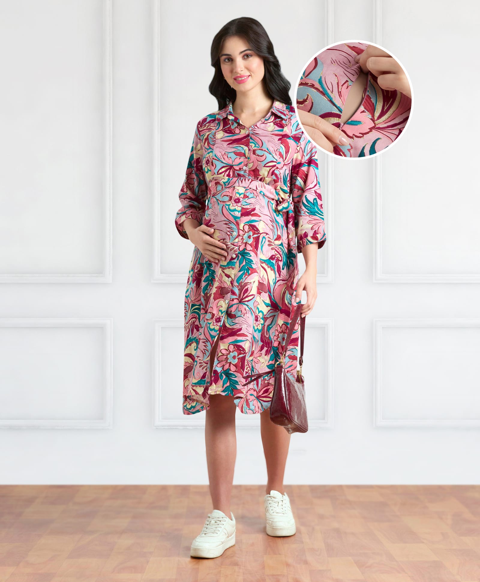 Bella Mama Viscose Woven Three Fourth Sleeves Shirt Maternity Dress With Floral Print - Pink-image-36