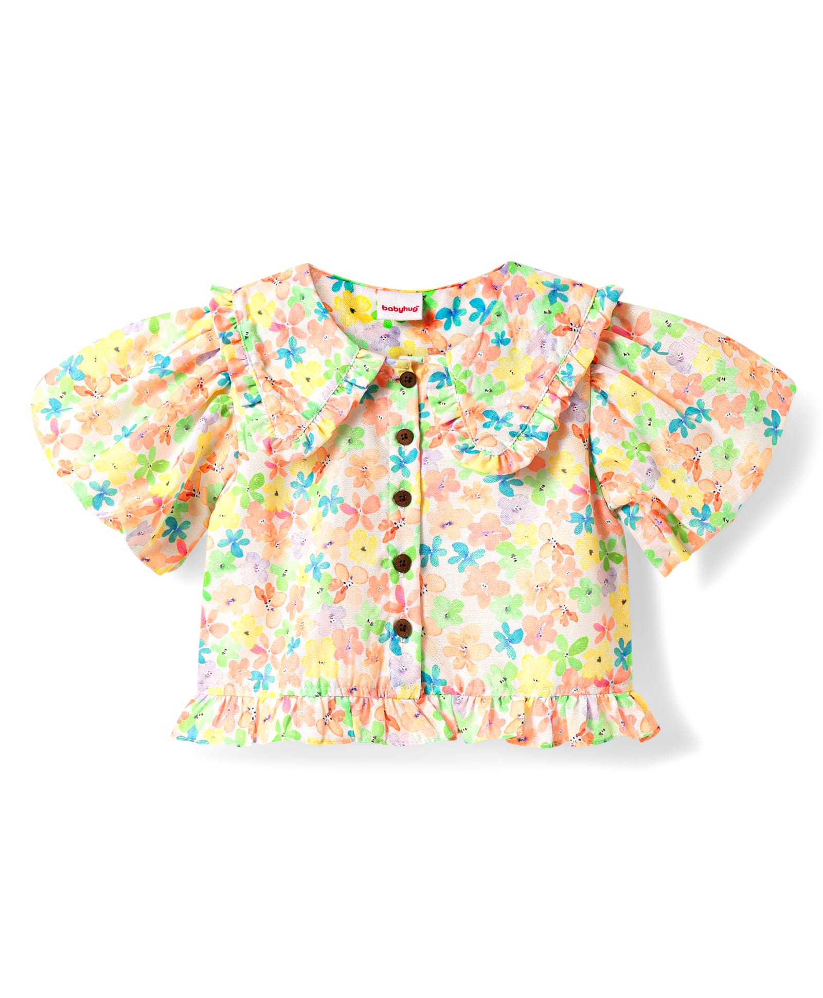 Babyhug Woven Puffed Sleeves Top with Floral Print - Cream-image-8