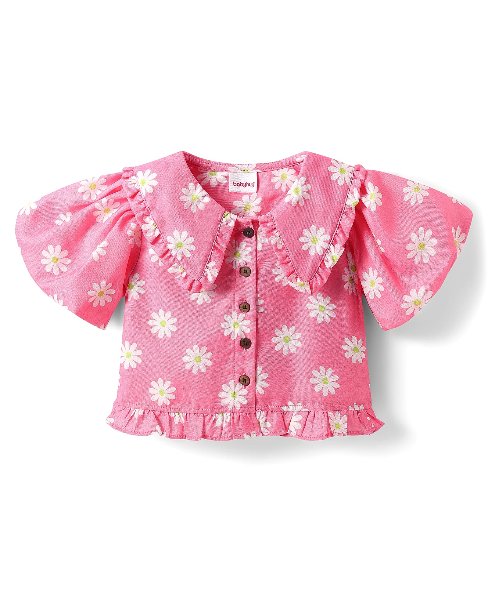 Babyhug Woven Half Sleeves Top With Floral Print & Frill Detail - Pink-image-6