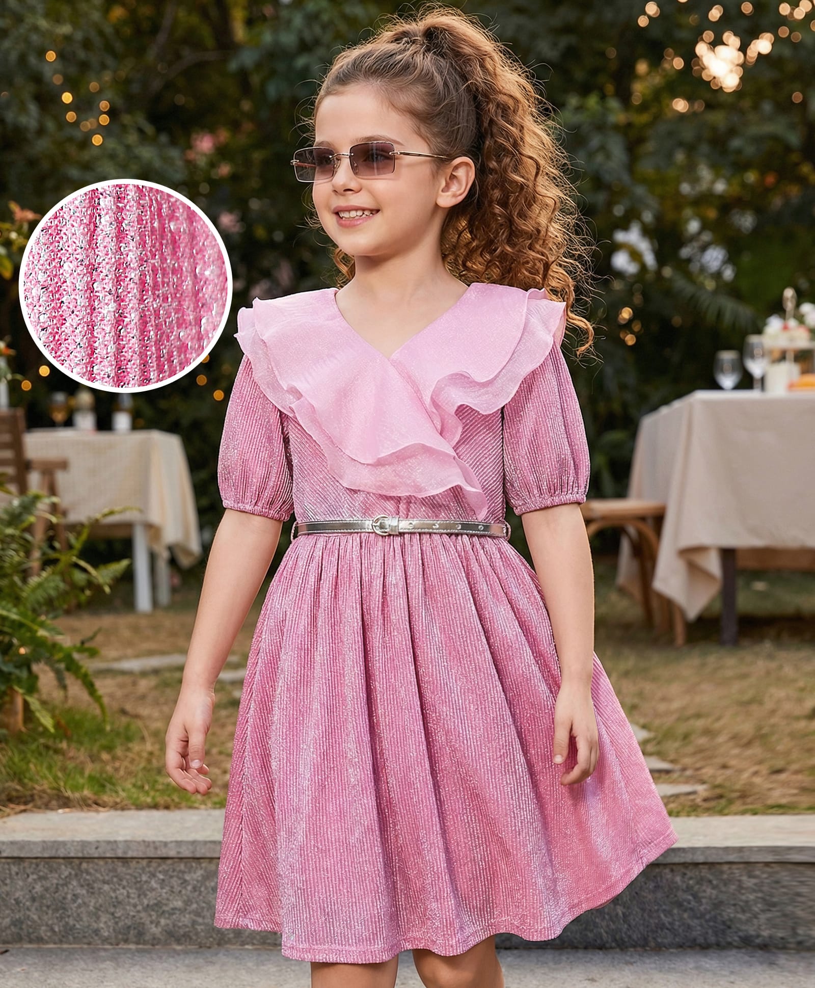Hola Bonita Knit Half Sleeves Double Collar Shimmer Party Dress - Pink-image-20