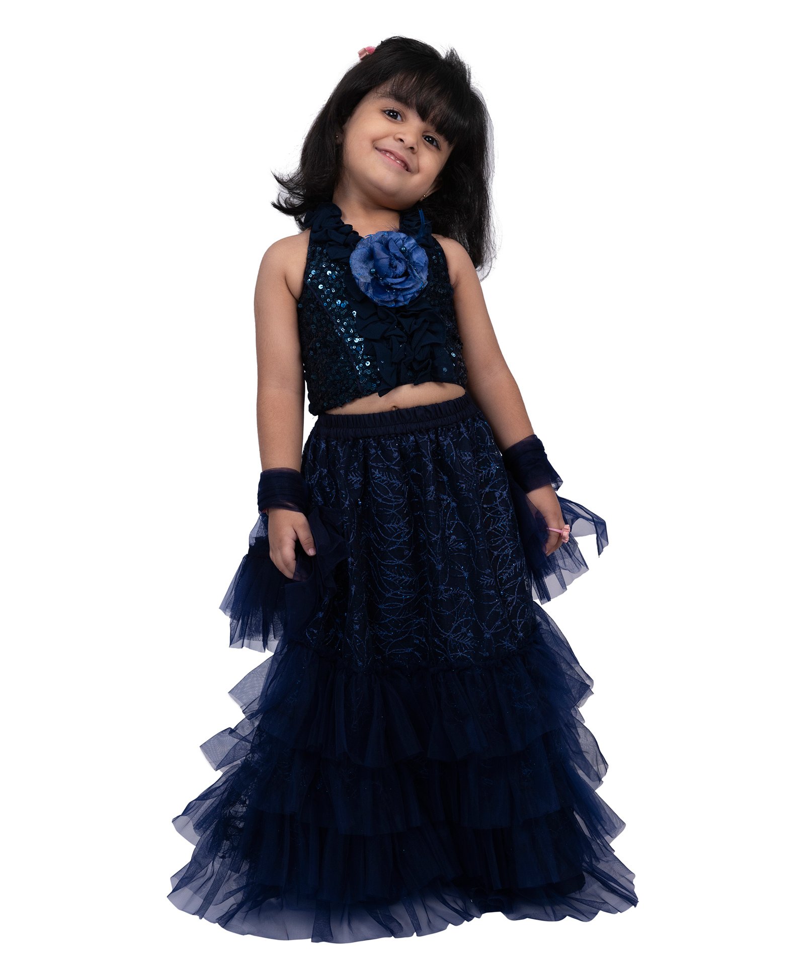 Twisha Sleeveless Floral Applique Detailed Sequins Embellished Chania Choli With Dupatta Set - Navy Blue-image-9