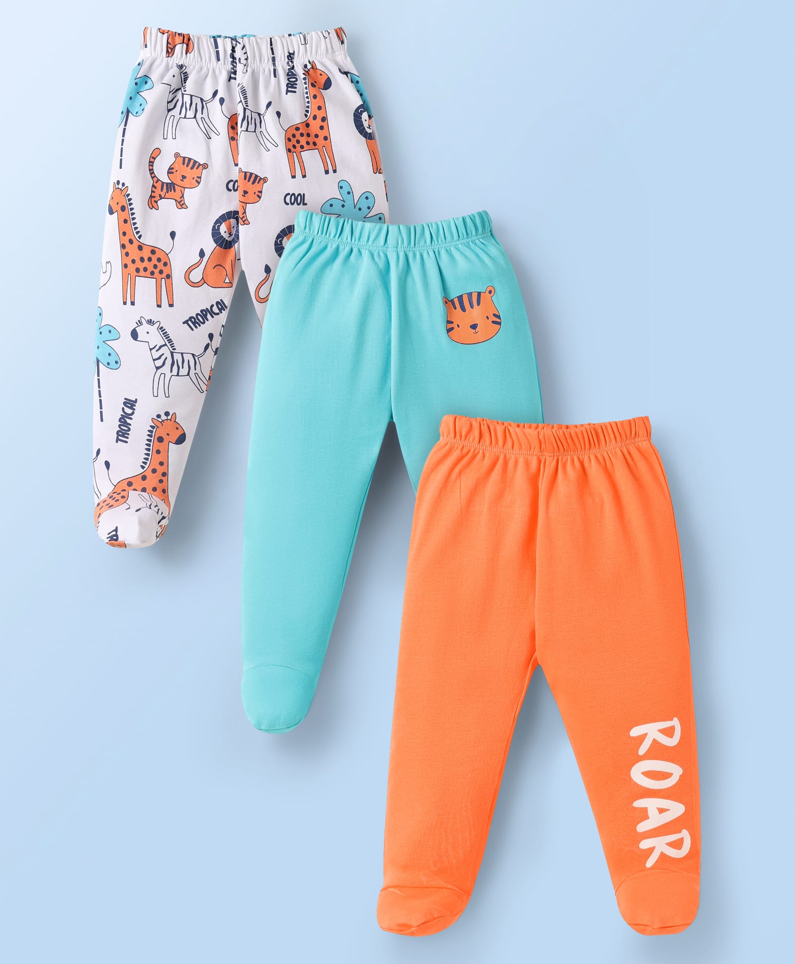Doodle Poodle Cotton Knit Footed Bootie Leggings With Animal Print Pack Of 3 - Orange & Light Blue-image-18