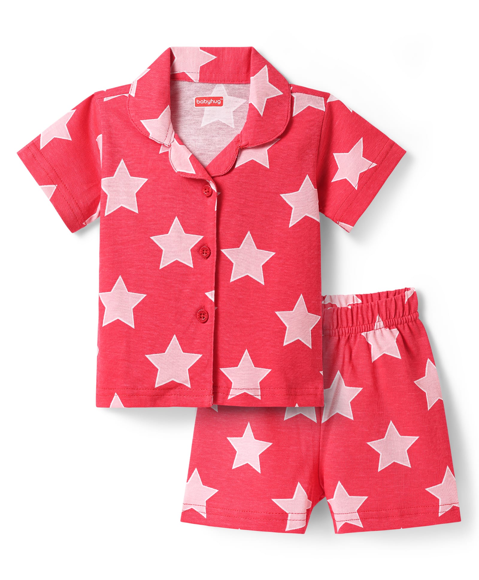 Babyhug Cotton Knit Half Sleeves Shorts Co-Ord Night Suit With Star Print - Red-image-44
