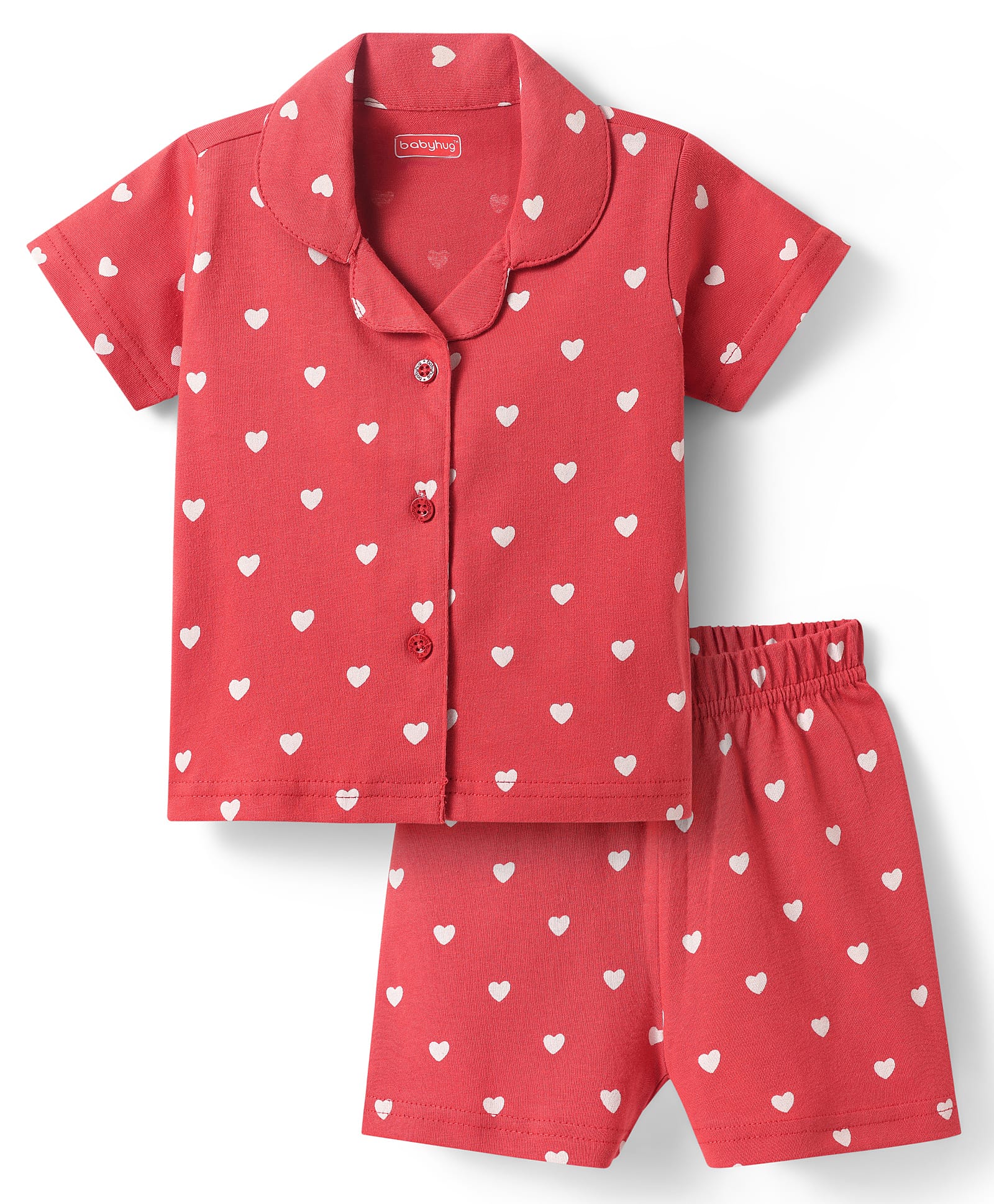 Babyhug Cotton Knit Half Sleeves Shorts Co-Ord Night Suit With Heart Print - Red-image-49