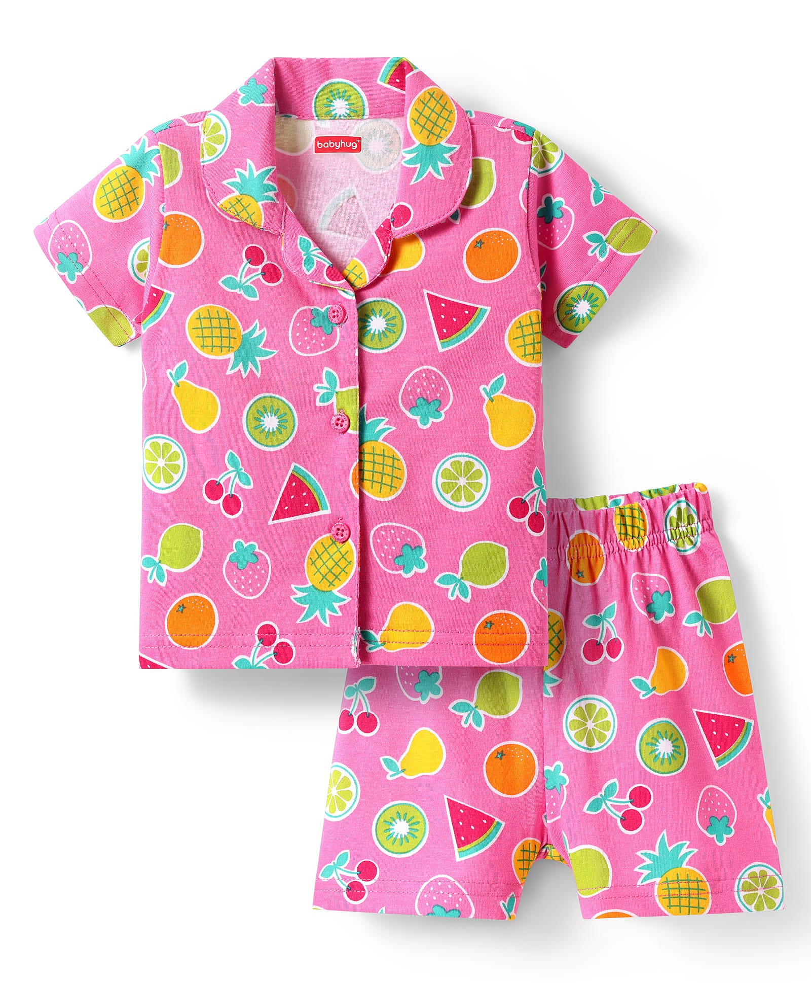 Babyhug Cotton Knit Half Sleeves Shorts Co-Ord Night Suit With Fruit Print - Pink-image-45