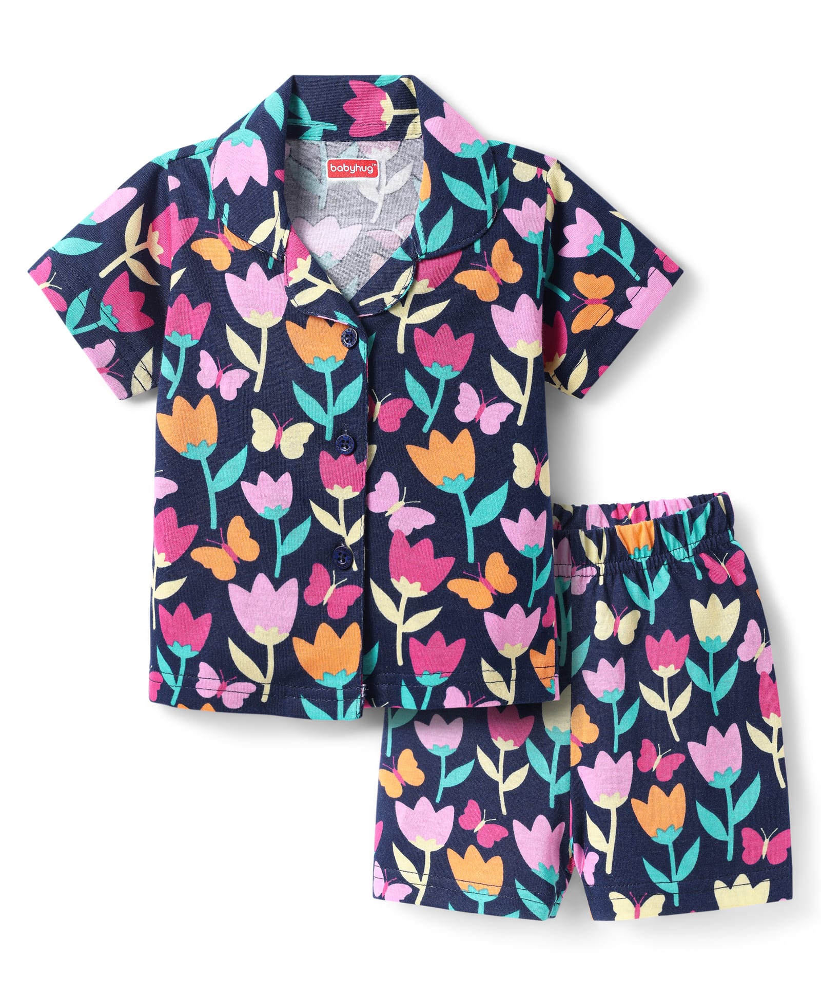 Babyhug Cotton Knit Half Sleeves Shorts Co-Ord Night Suit With Floral Print - Navy Blue-image-39