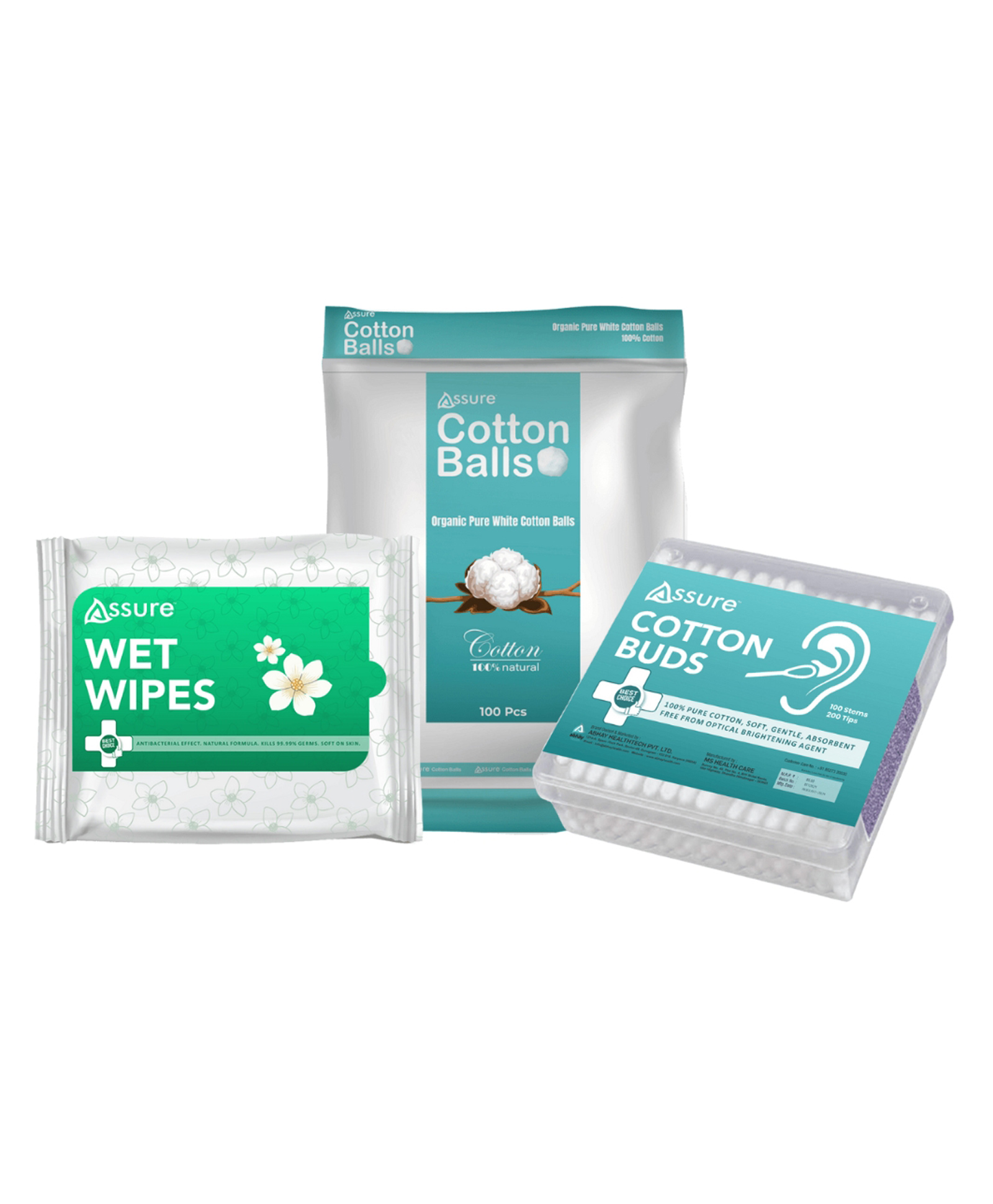 Assure Personal Care Set, Cotton Balls 100 Pcs, Cotton Buds 100 Sticks, Wet Wipes 30N Variation (Set of 1)-picture-16