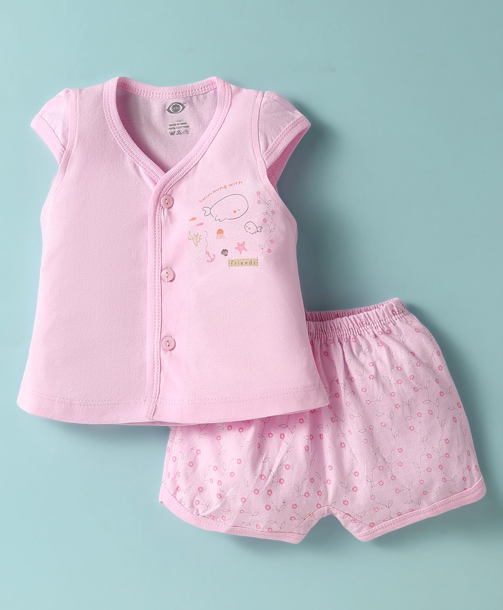 Zero Sinker Knit Front Open Half Sleeves Shorts Night Suit With Floral & Sea Life Print - Pink-image-47