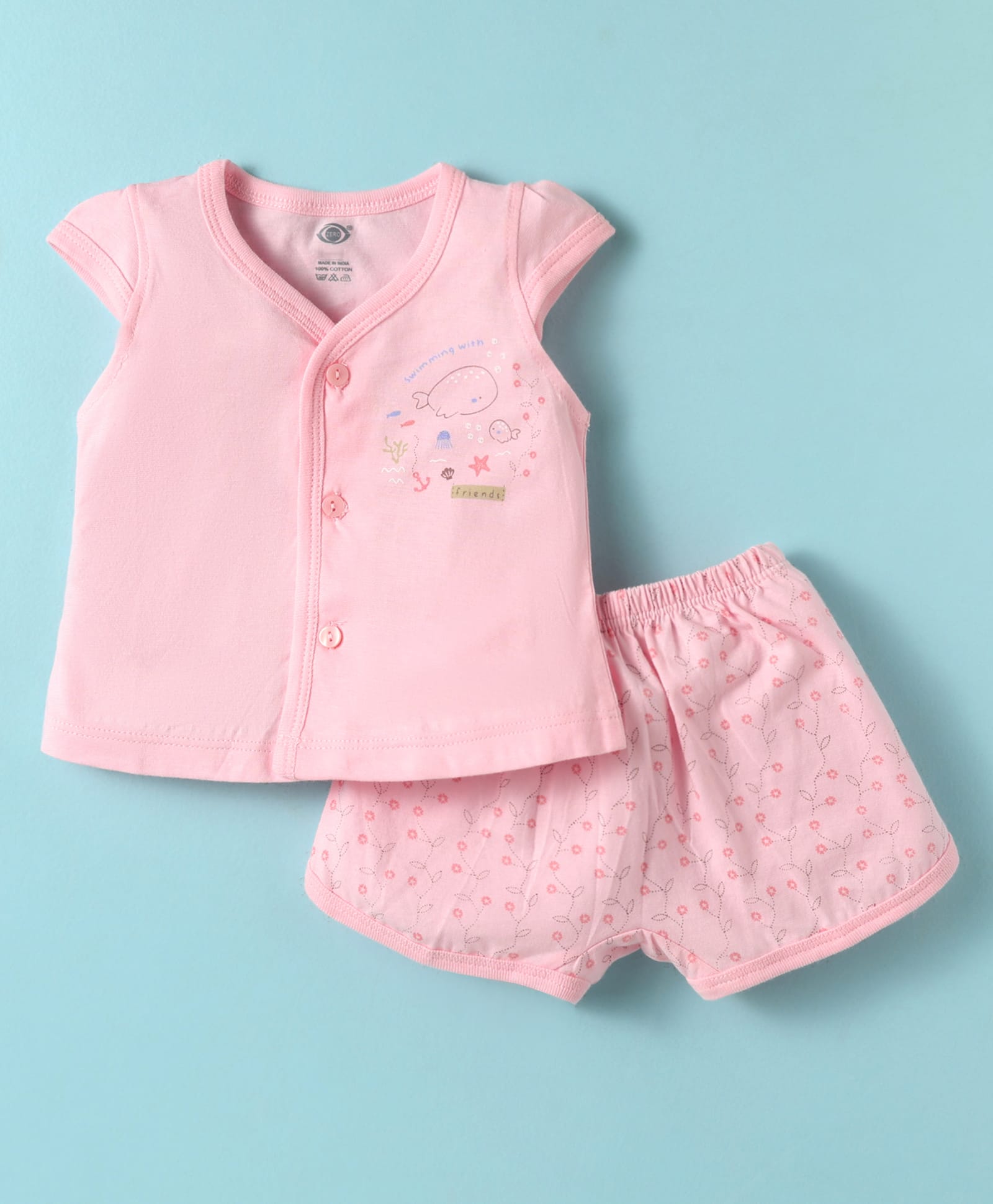 Zero Sinker Knit Front Open Half Sleeves Shorts Night Suit With Floral & Sea Life Print - Baby Pink-image-48