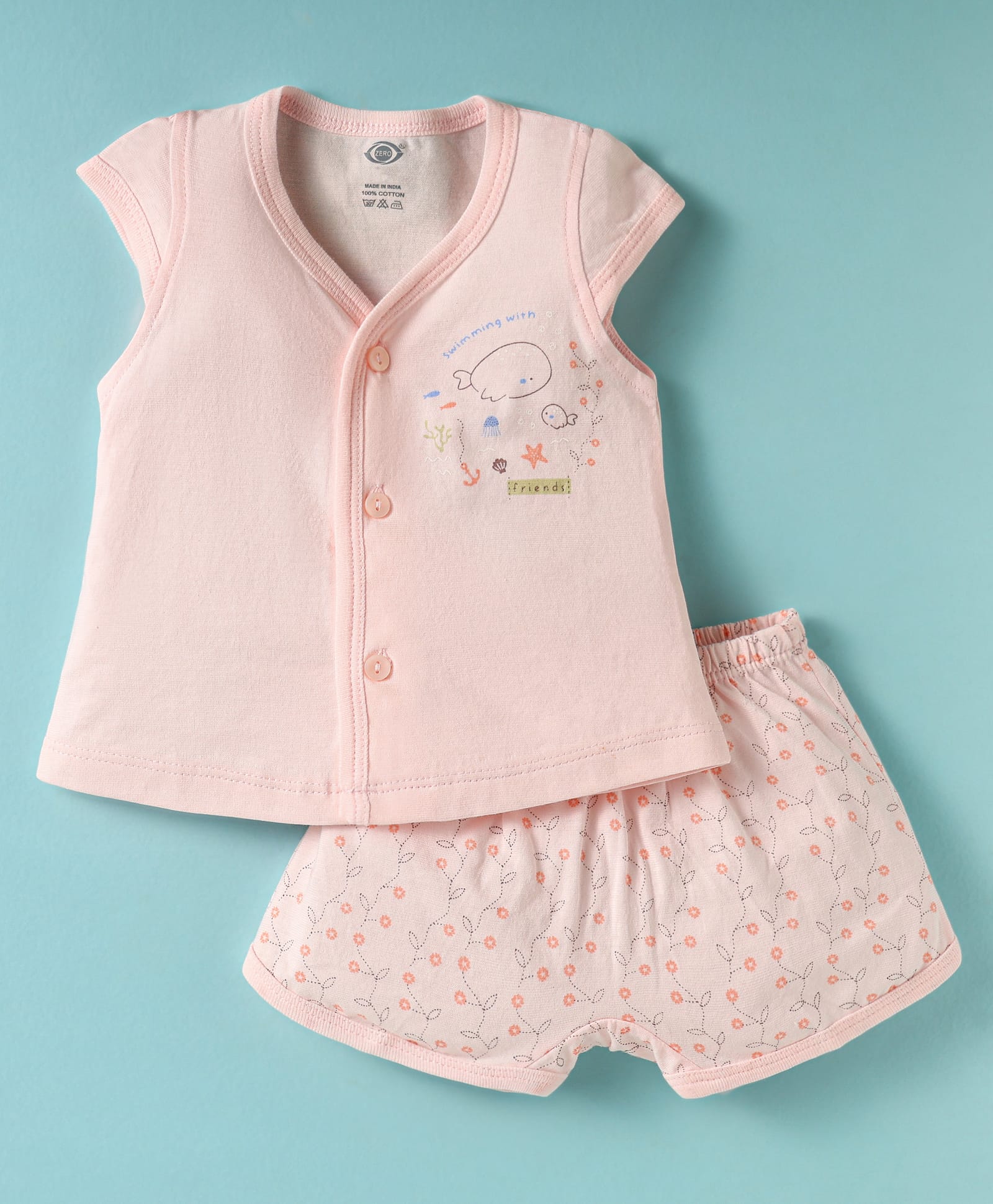 Zero Sinker Knit Front Open Half Sleeves Shorts Night Suit With Floral & Sea Life Print - Peach-picture-25