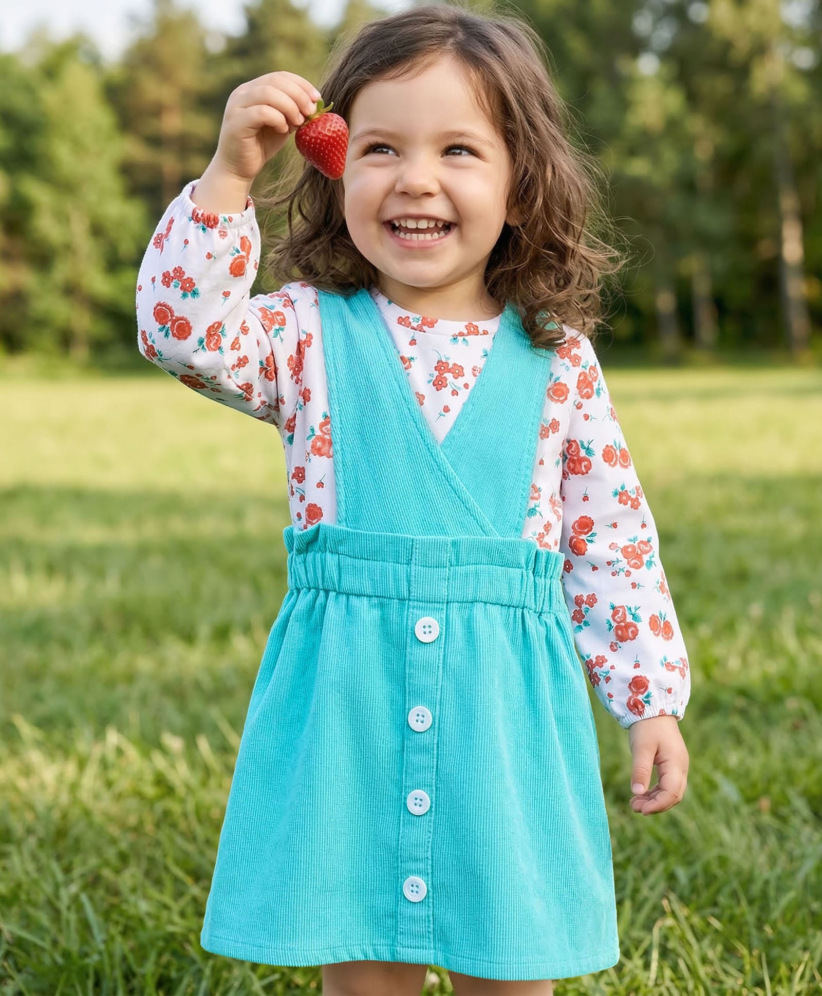 Babyhug Cotton Woven Frock & Full Peasant Sleeves Inner Tee with Floral Print - White & Aqua Blue-image-23