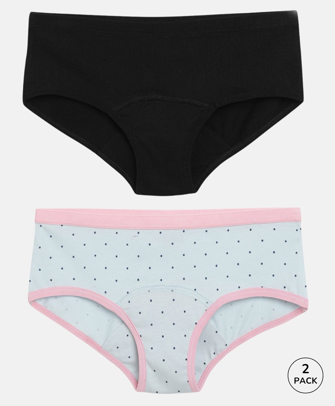 Mackly Pack Of 2 Cotton Elastane Solid & Polka Dots Printed Leak Proof Panties - Black & Navy Dot-image-32