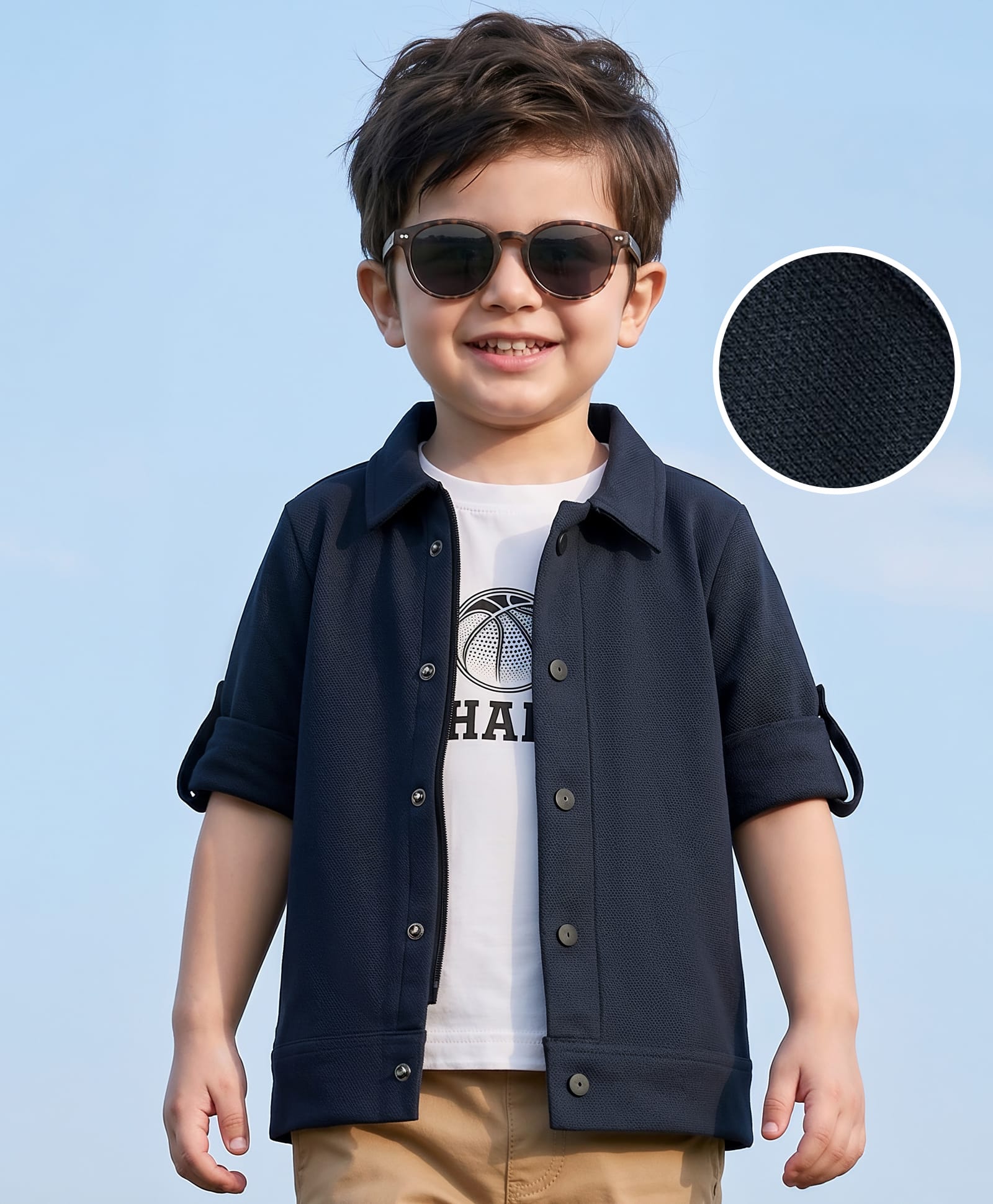 Kookie Kids Textured Knit Full Sleeves Jacket With HD Printed T-Shirt - Navy Blue & White-image-19