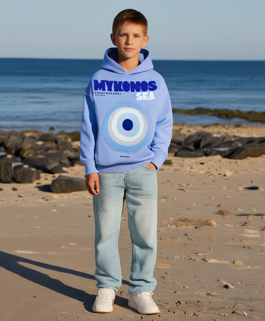 Cherry Crumble By Nitt Hyman Mykonos Sea Text Patch Embroidered Hooded Sweatshirt - Blue-image-34