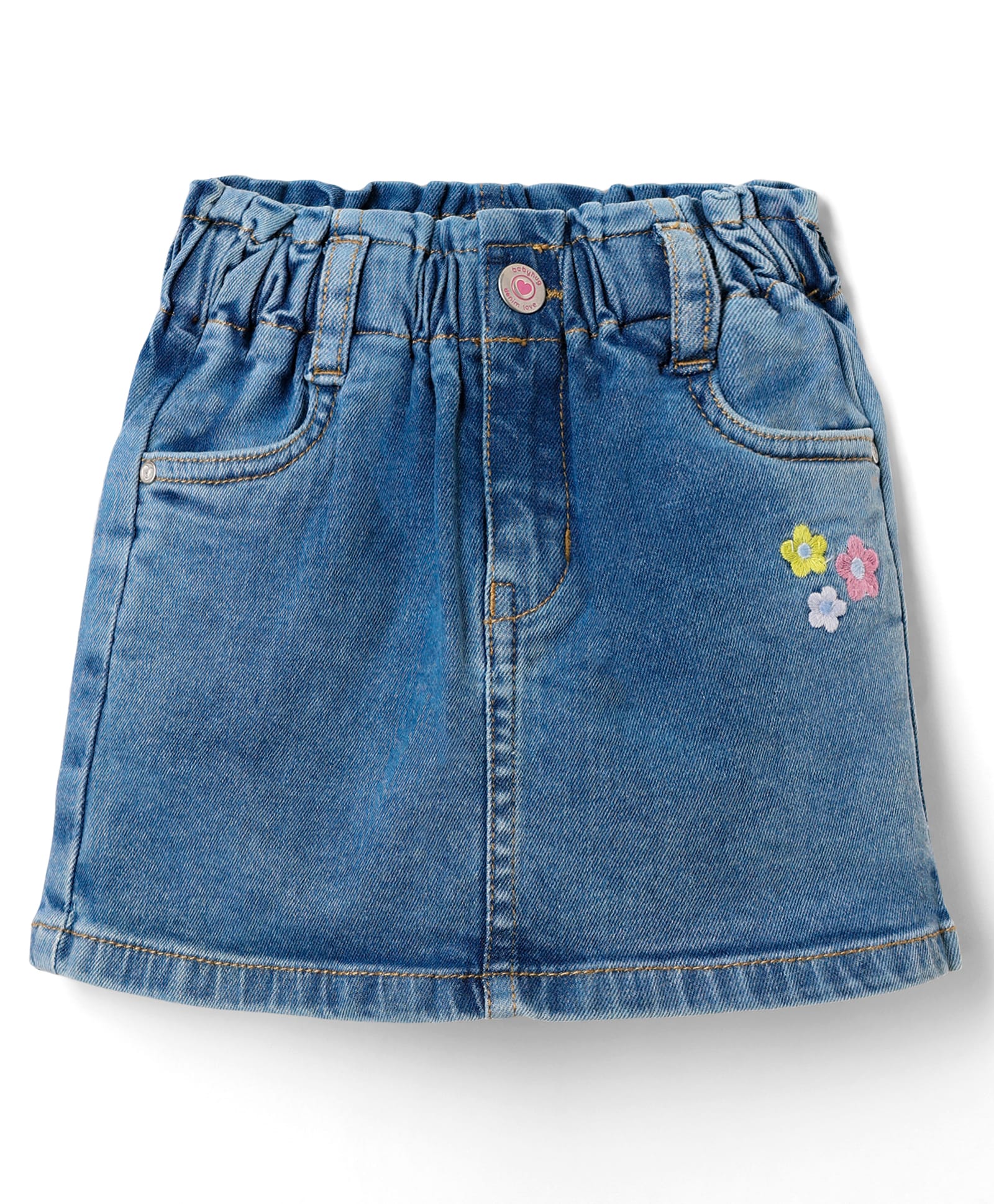 Babyhug Mid Thigh Denim Skirt with Floral Embroidery - Blue-image-35