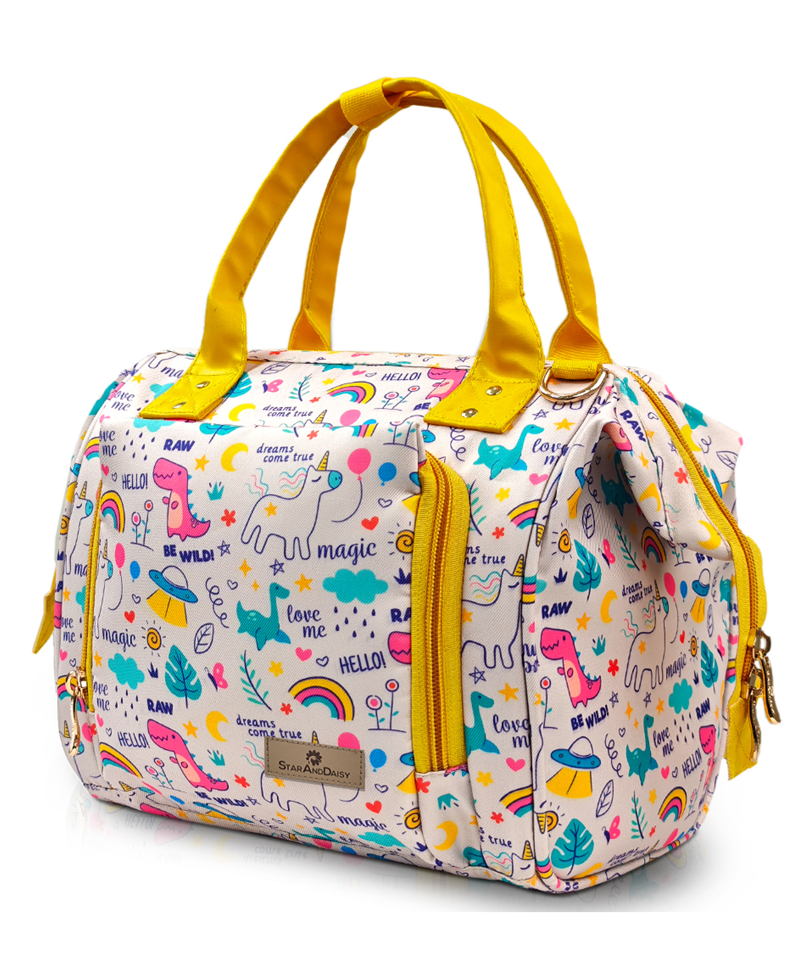 StarAndDaisy Bag for Mothers for Travel, Newborn Baby Diaper Bags with Multiple Pockets, Back Opening, Waterproof Pocket, Unicorn Print - White