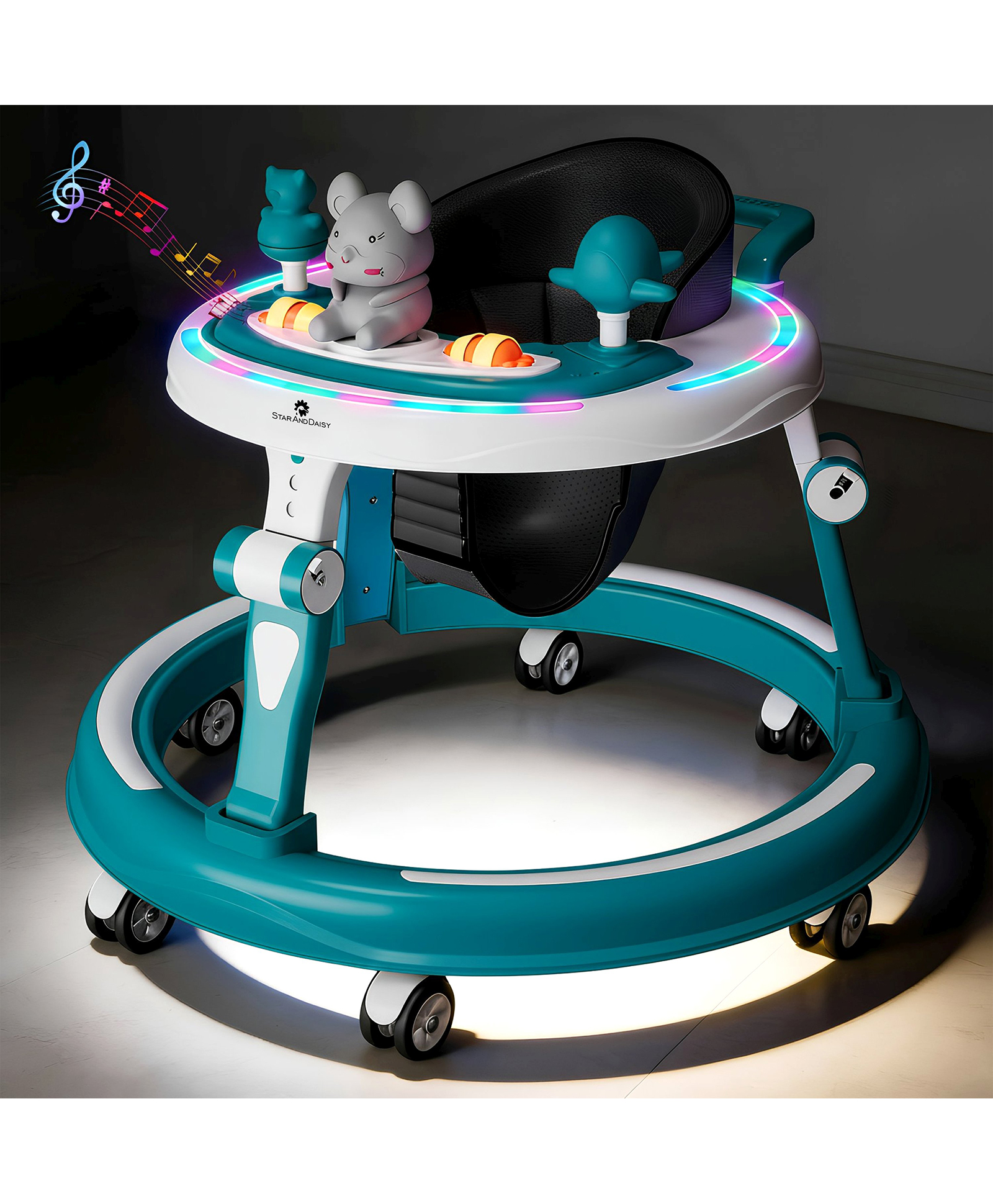 StarAndDaisy 360 Baby Walker 6-24 Months / 7 Level Height Adjustment Walker for Kids Boy and Girl with Intergrated RGB Lights, Switchable Food & Musical Toy Tray / Premium Baby Activity Walker - Dark Blue-picture-34