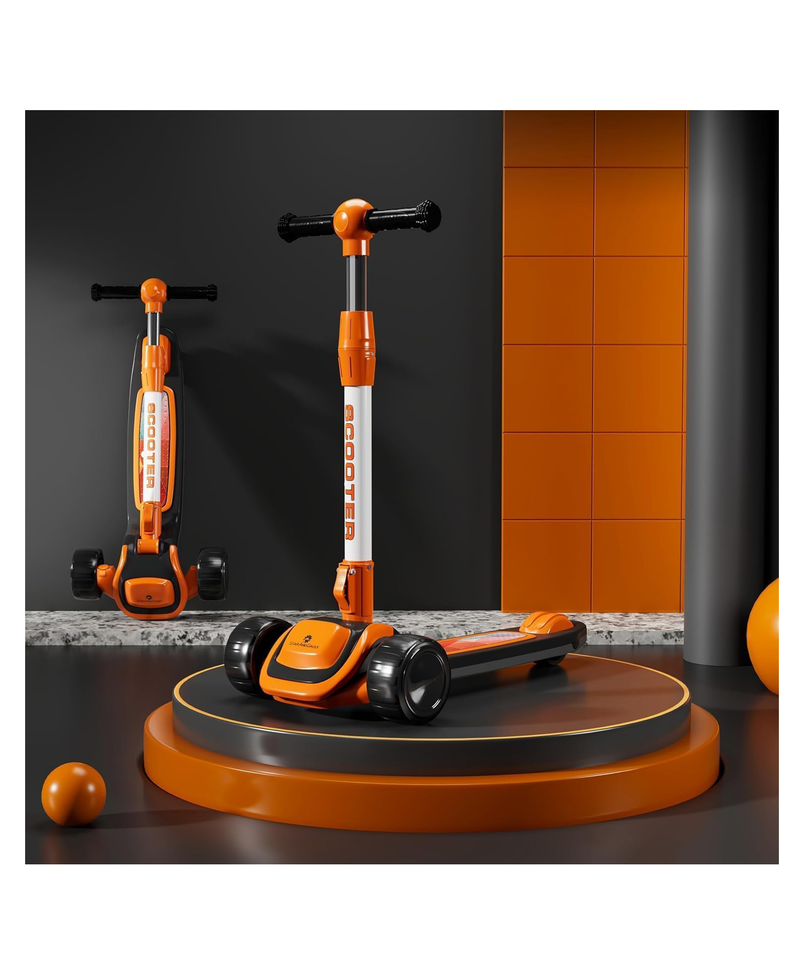 StarAndDaisy Skate Scooter for Kids 3-12 Years/Kids Scooter with LED Light PU Wheels, 4 Level Height Adjustment, Up to 100 Kg Weight Support Chassis-(Kids Scooter Black Orange)-image-11