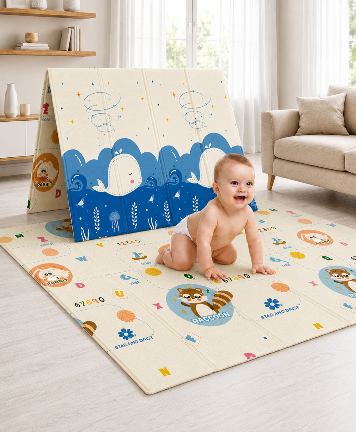 StarAndDaisy Baby Reversible & Foldable Play Mat with with Dolphin & Racoon Print - Blue-image-29