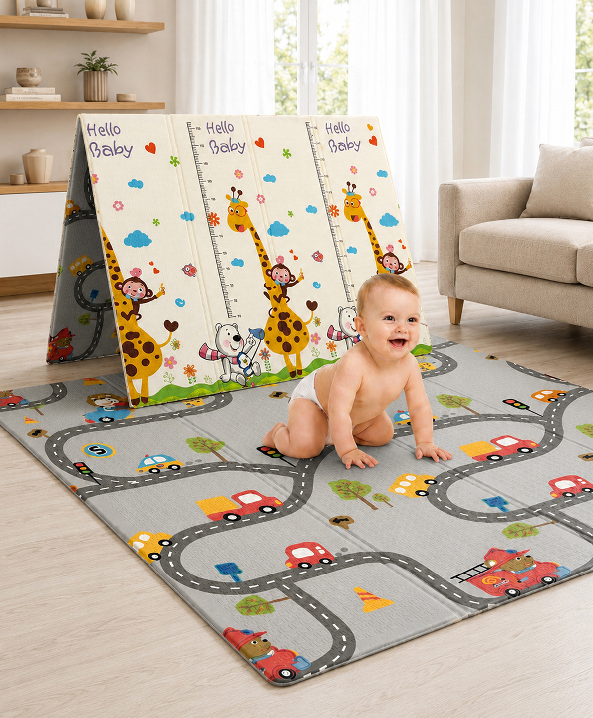 StarAndDaisy Reversible & Foldable Baby Playmat with Giraffe & Traffic Print Double Sided Water Proof - White-image-7