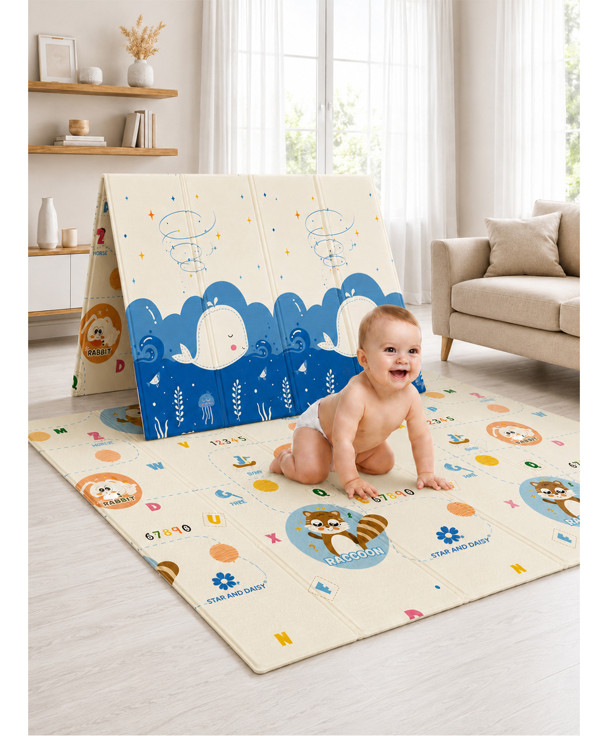 StarAndDaisy Reversible & Foldable Baby Playmat with Dolphin & Racoon Print - Blue-image-8