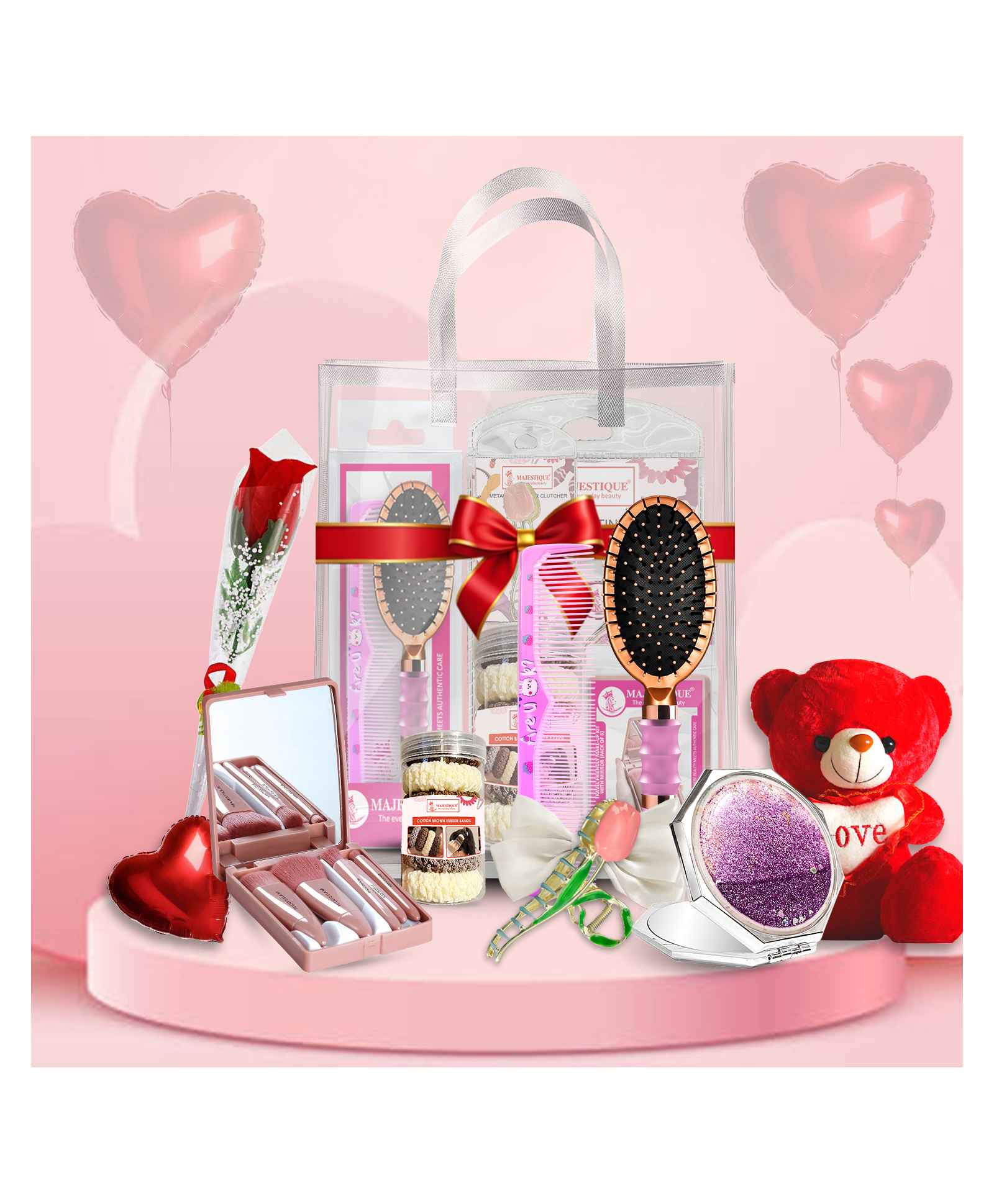 Majestique Valentine Gift Hamper Teddy, Rose, Brush Set, Mirror & Accessories for Women 9 Pieces-picture-13