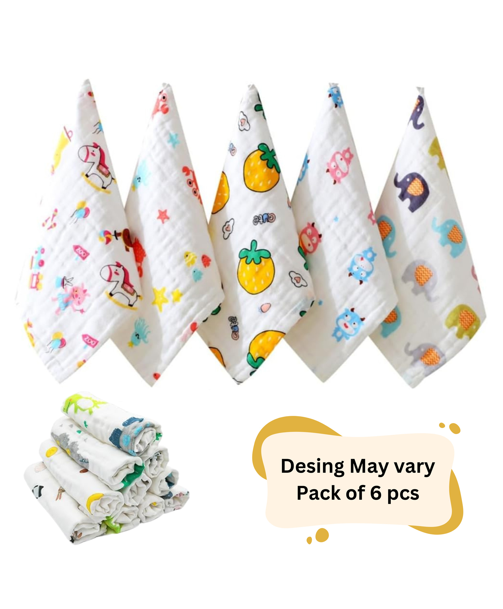 BitFeex Baby Face Towels for Boys Girls Fleece Muslin Wash Cloth Cute Pattern Muslin Organic Cotton Face Towel-Design May Vary, Pack of 6 Pcs-image-26