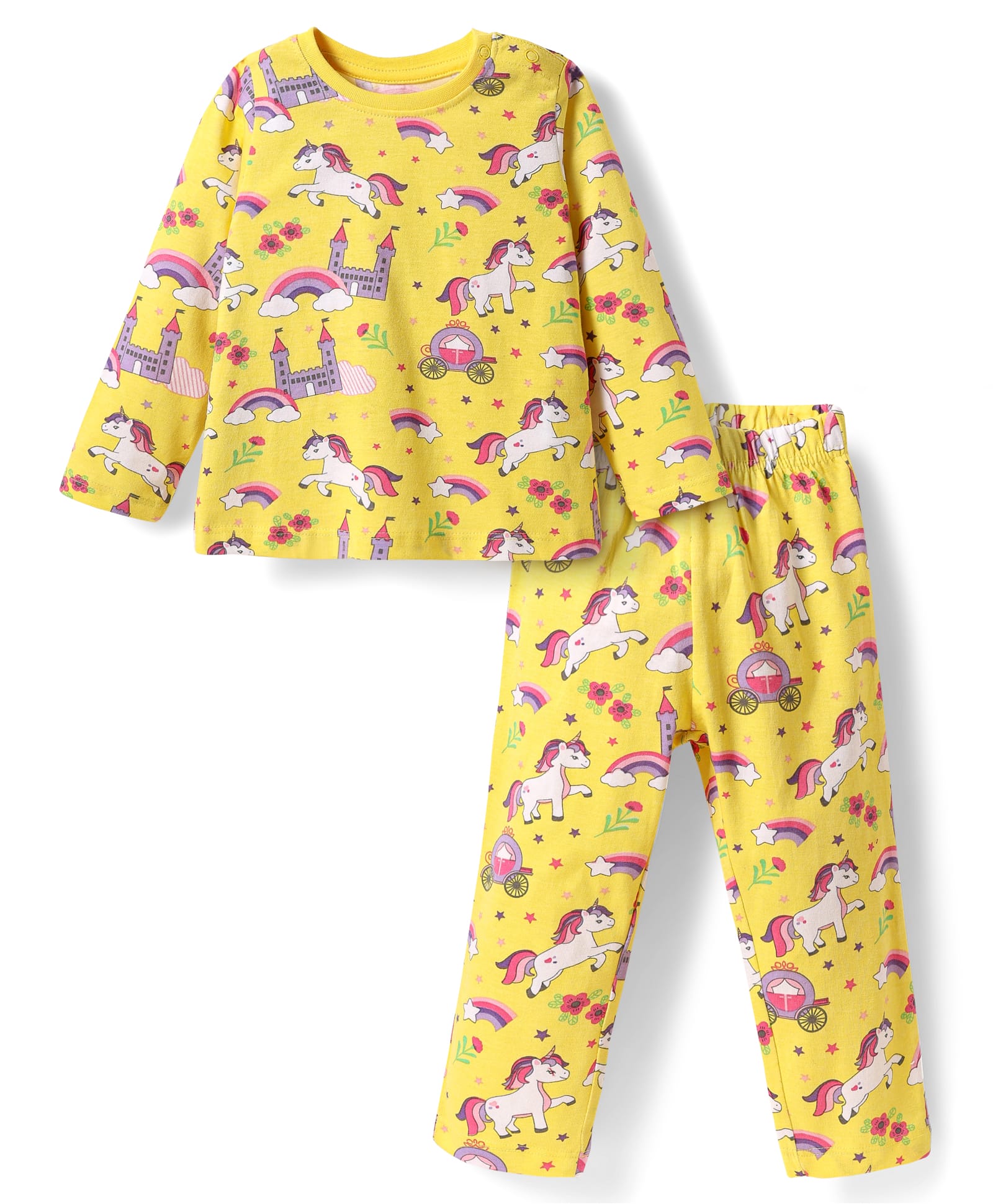 Babyhug Cotton Knit Full Sleeves Co-ords Night Suit with Unicorn & Rainbow Print - Yellow-picture-28