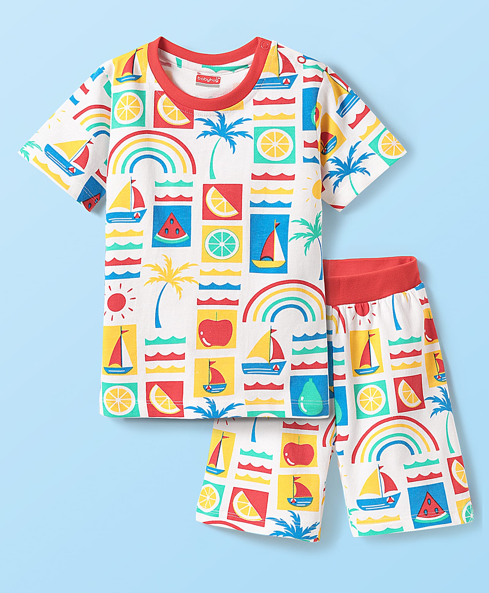 Babyhug Cotton Knit Half Sleeves Shorts Night Suit With Fruit & Boat Print - White