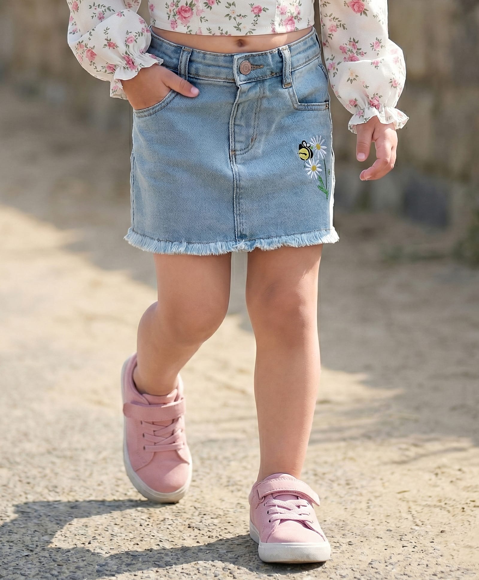 Babyhug Denim Mid Thigh Washed Skirts With Floral & Bee Embroidery - Light Blue
