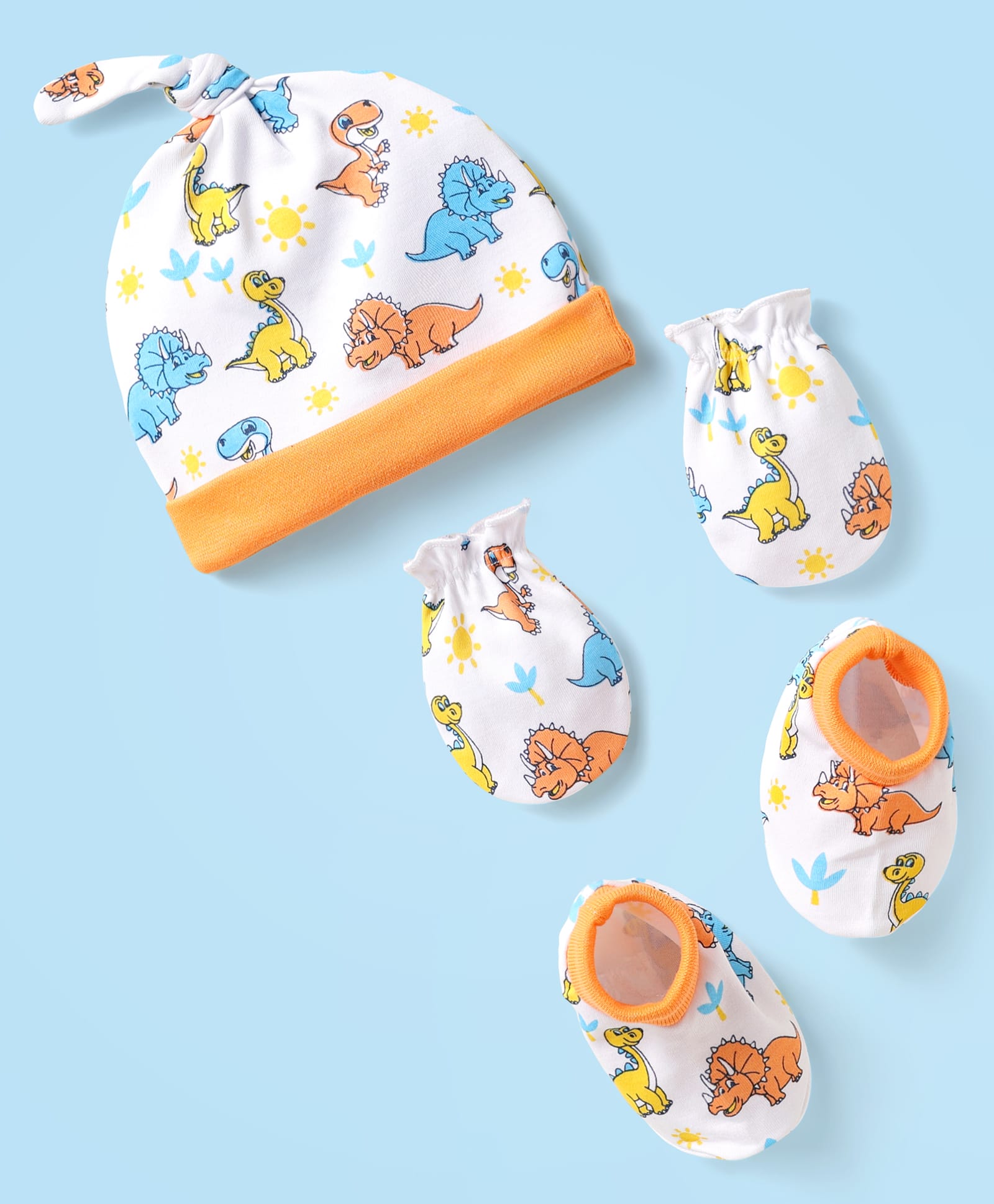 Babyhug Interlock Knit Cap Mittens & Booties Set With Dinosaur Print Orange - Diameter 10 cm-picture-10