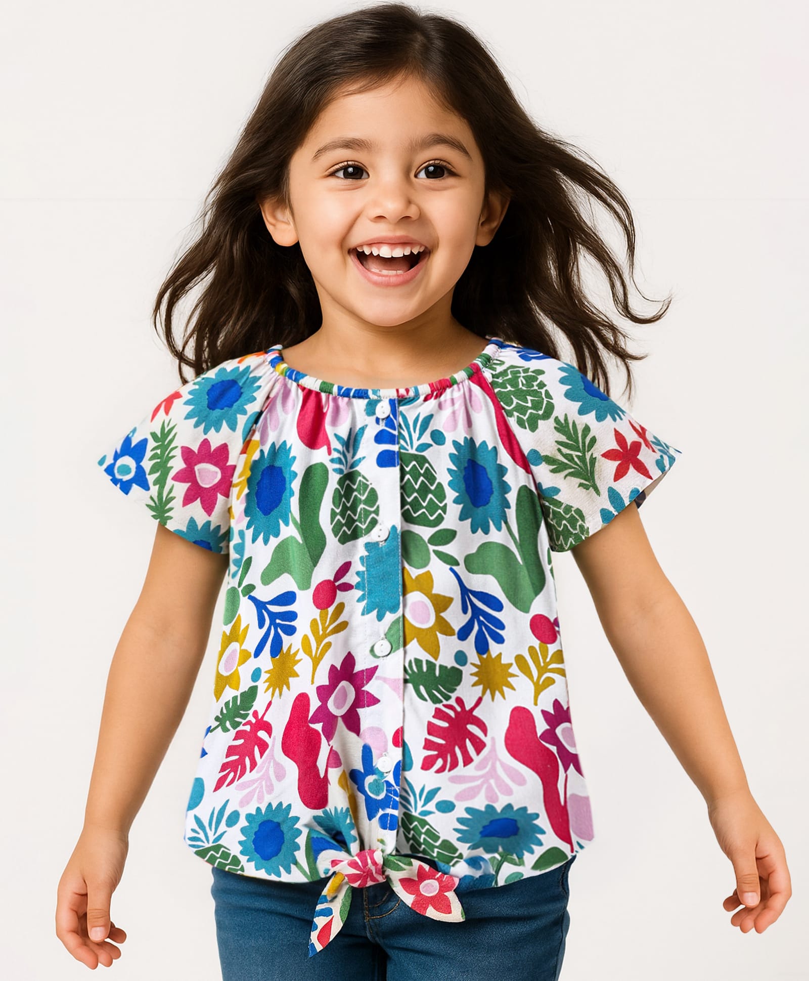 Babyhug Rayon Woven Frill Sleeves Top With Floral Print - White-image-18