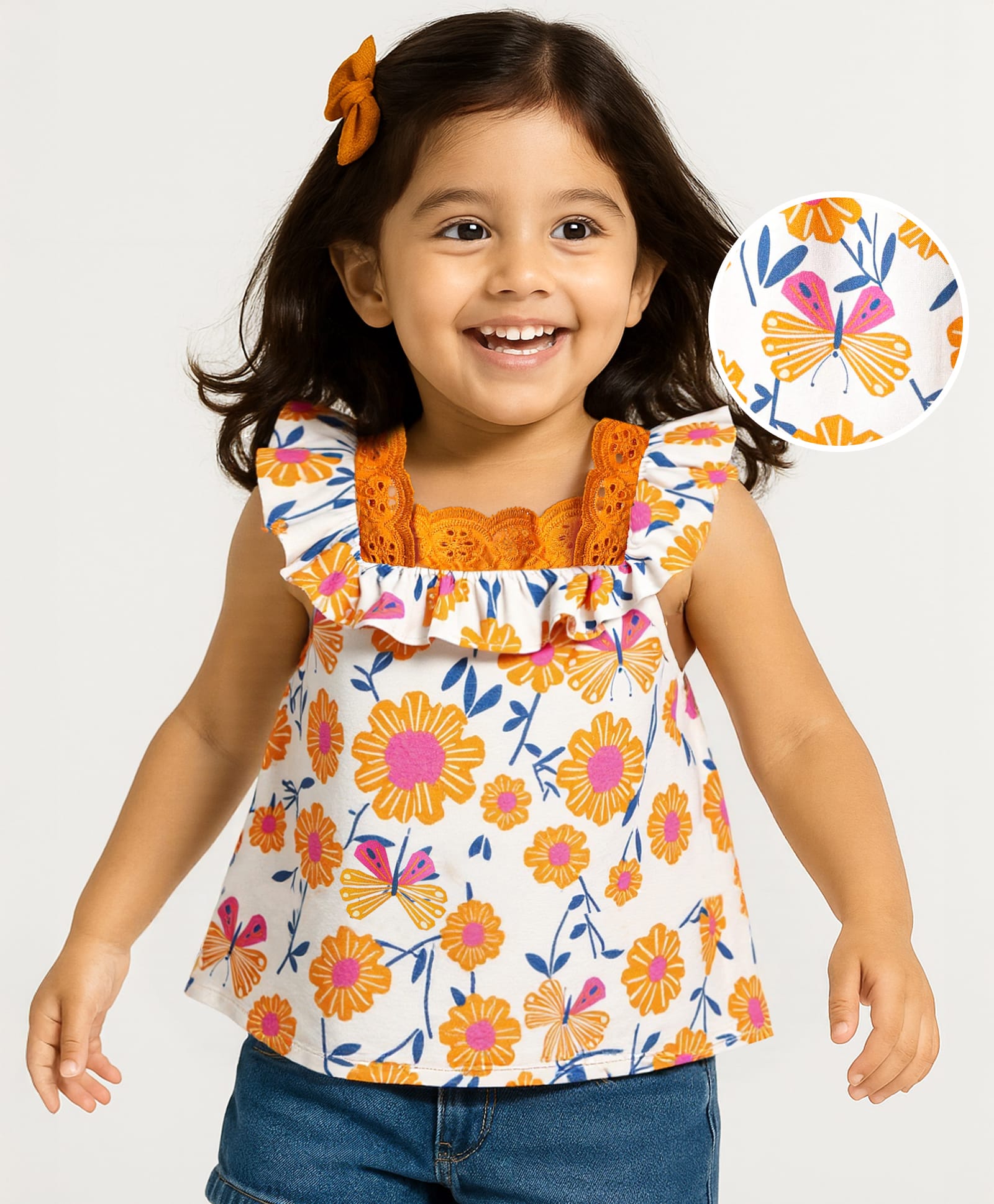 Babyhug Rayon Woven Frill Sleeves Floral Printed Top with Chifilli Detailing - White-image-44