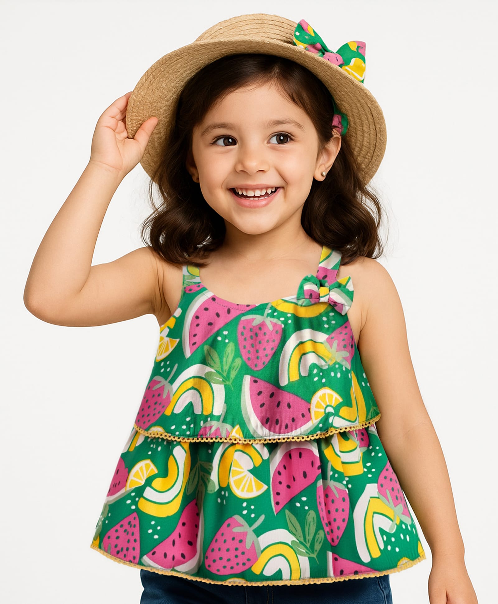 Babyhug Rayon Woven Sleeveless Layered Top with Tropical Theme Print & Bow Applique - Green-image-26
