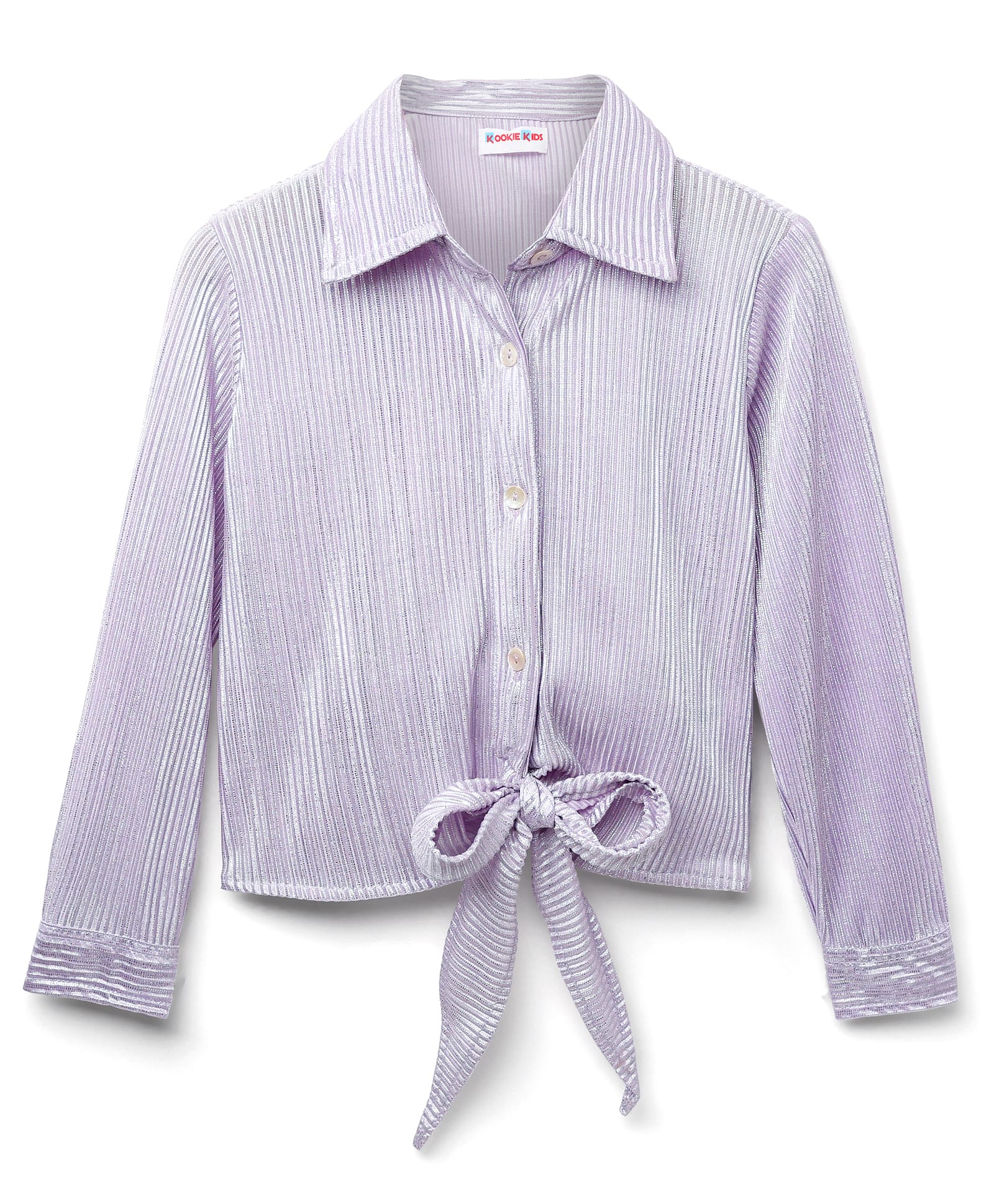 kookie kids india Kookie Kids Woven Full Sleeves Solid Shimmer Front Open Collar Neck Party Top With Knot Detailing - Lavender-picture-15