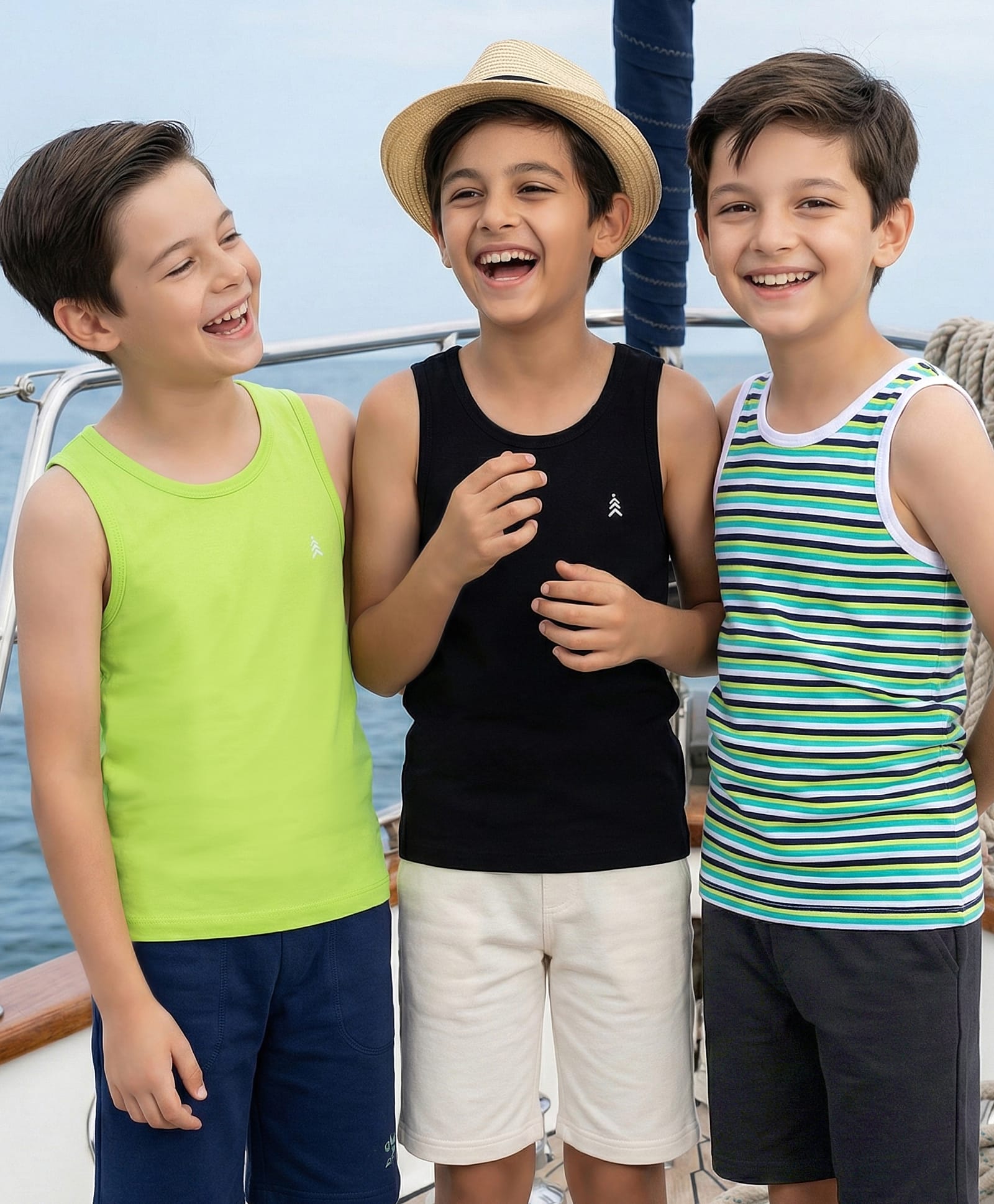 Pine Kids Cotton Lycra Knit Sleeveless Vests with Stripes & Logo Print Pack of 3 (Colour May Vary)-image-7
