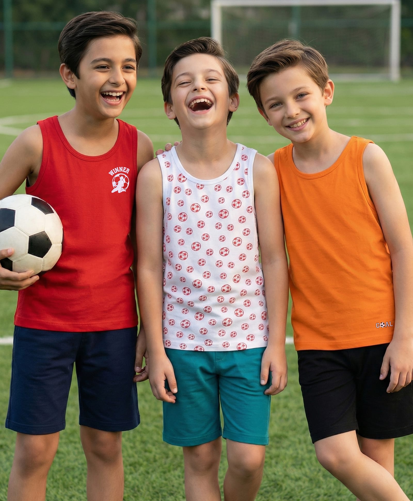 Pine Kids Cotton Lycra Knit Sleeveless Sando Vests With Football Print Pack of 3 (Color May Vary)-picture-0