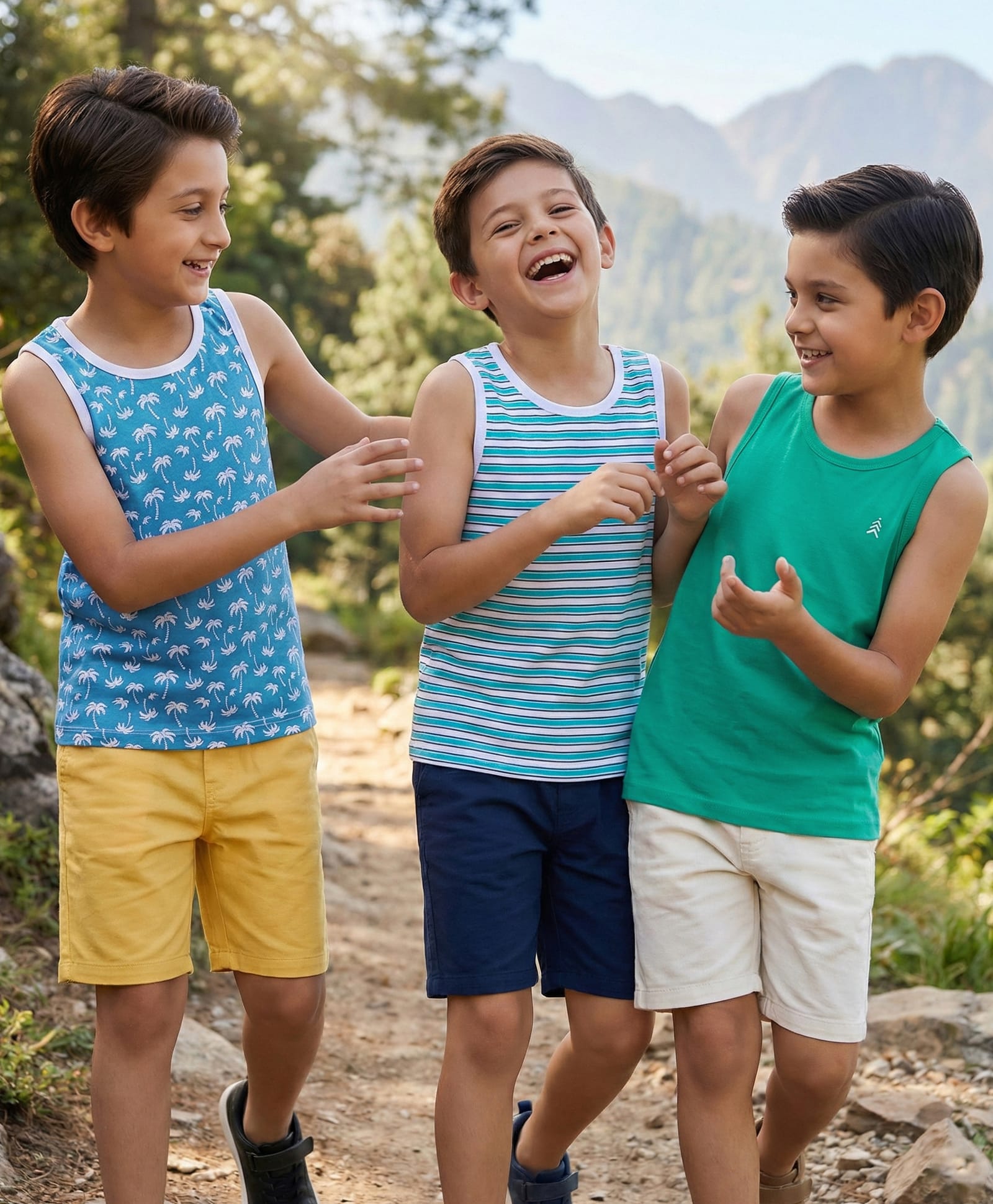Pine Kids Cotton Lycra Knit Sleeveless Vests With Stripes & Tree Print Pack Of 3 (Colour May Vary)-image-36