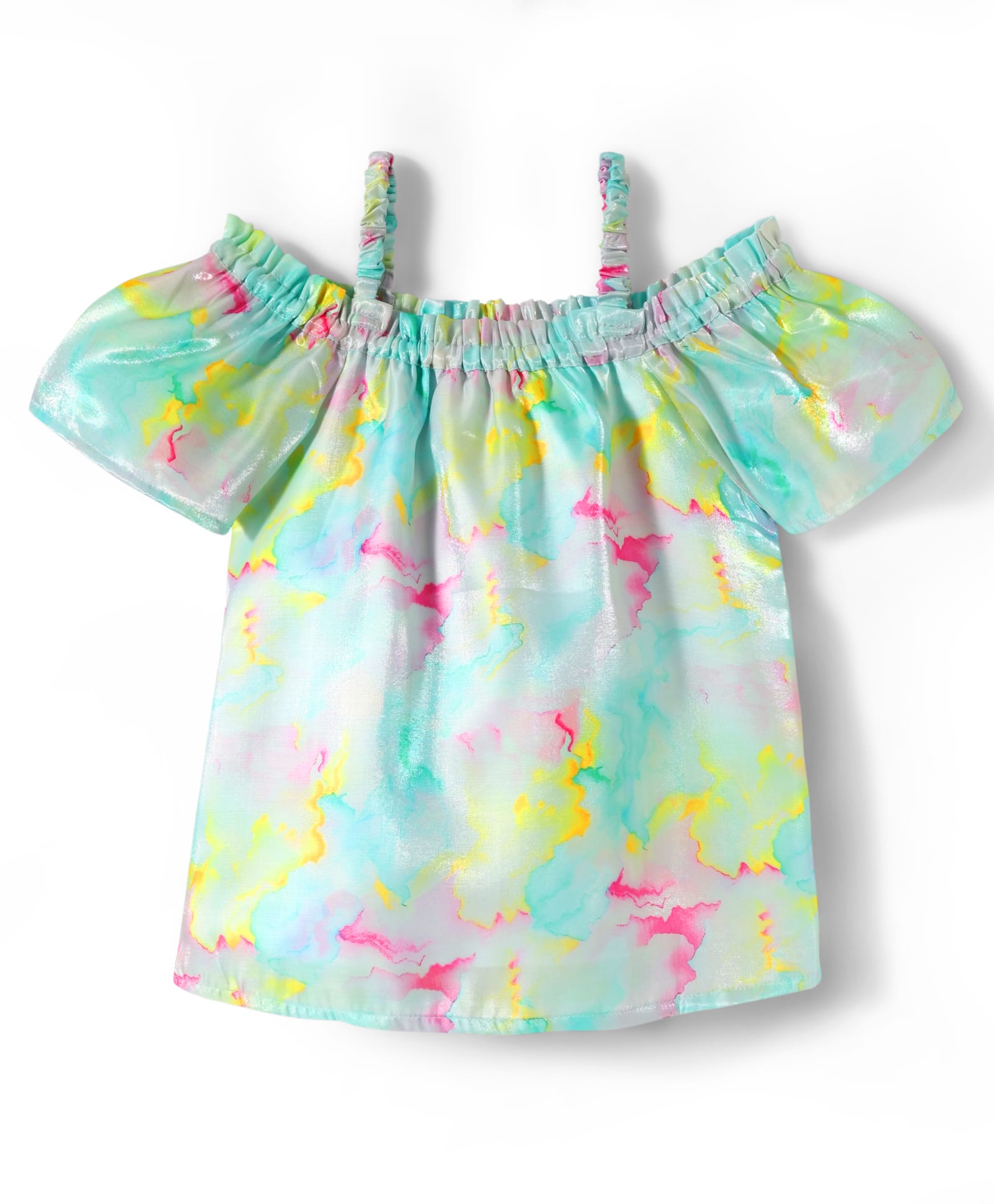 kookie kids india Kookie Kids Cotton Rayon Woven Cold Shoulder Sleeves Party Top With Marble Print - Multicolor-picture-27