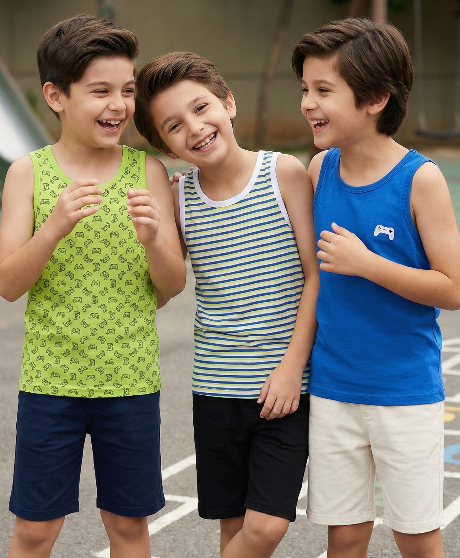 Pine Kids Cotton Lycra Knit Sleeveless Vests with Stripes & Gaming Controller Print Pack of 3 (Colour May Vary)-image-9