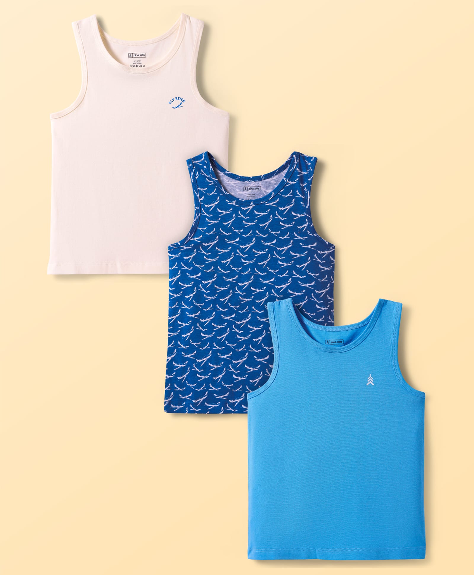Pine Kids Cotton Lycra Knit SleevelessVests With Aeroplane Print Pack of 3 (Color May Vary)-image-19