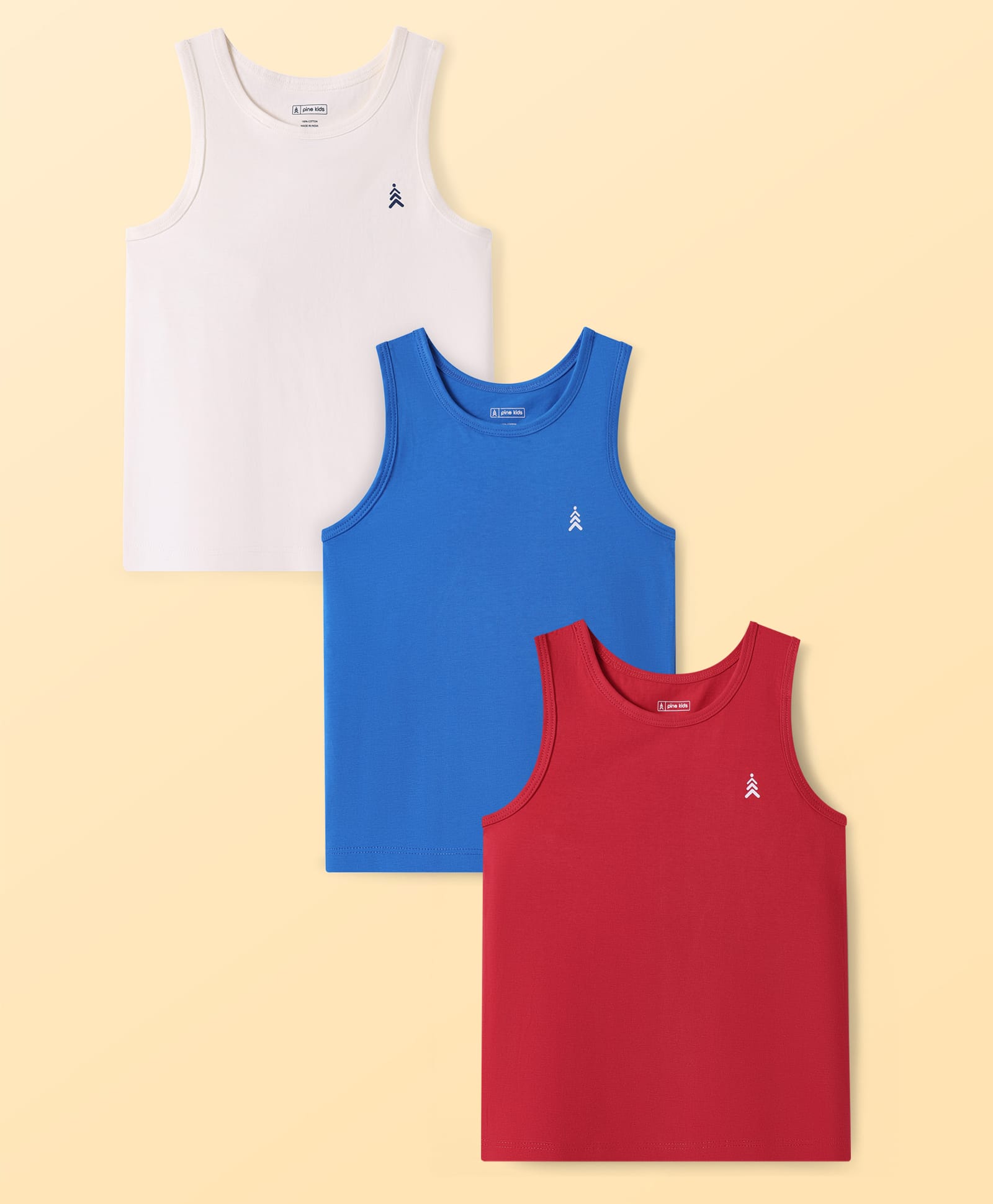 Pine Kids Cotton Lycra Knit Sleeveless Vest with Logo Print Pack of 3 (Colour May Vary)-image-21